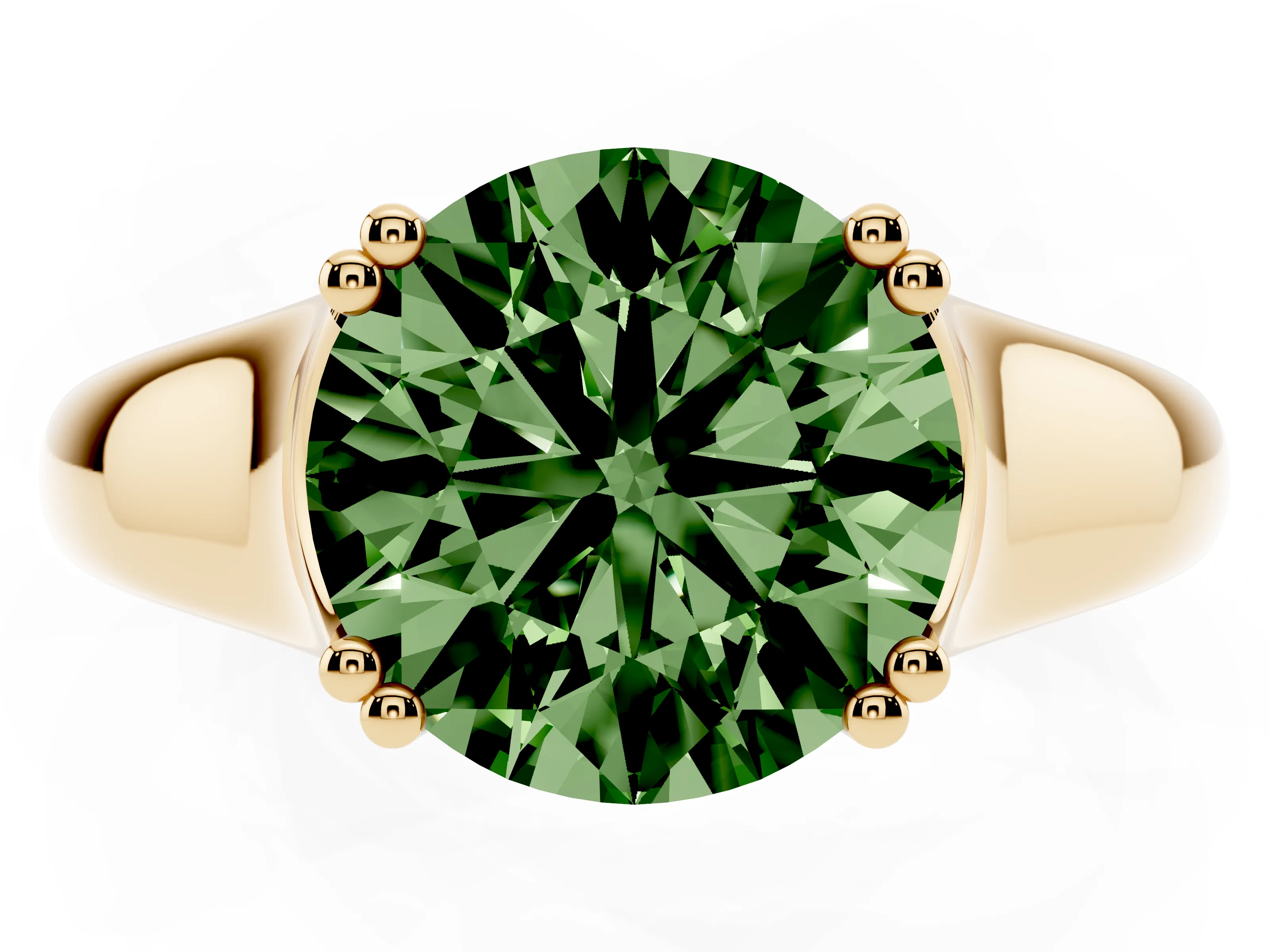 Fancy Green Round Cut Diamond Solitaire Ring Set in Yellow gold with Wide Band and Prong Setting