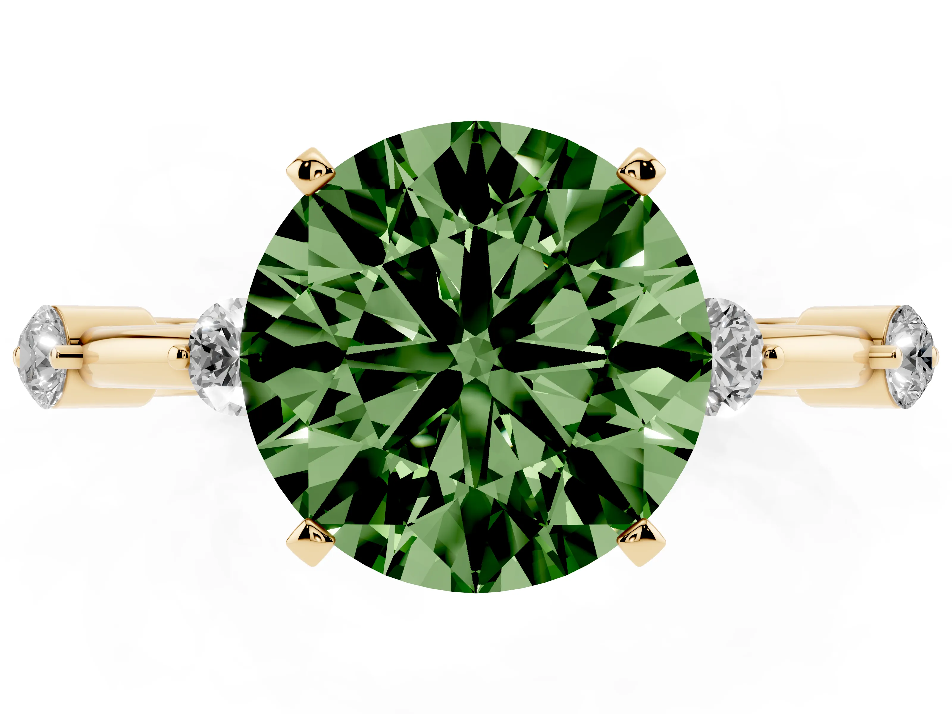 Fancy Green Round Cut Diamond Solitaire Ring Set in Yellow gold with Bezel Set Side Stones and Prong Setting
