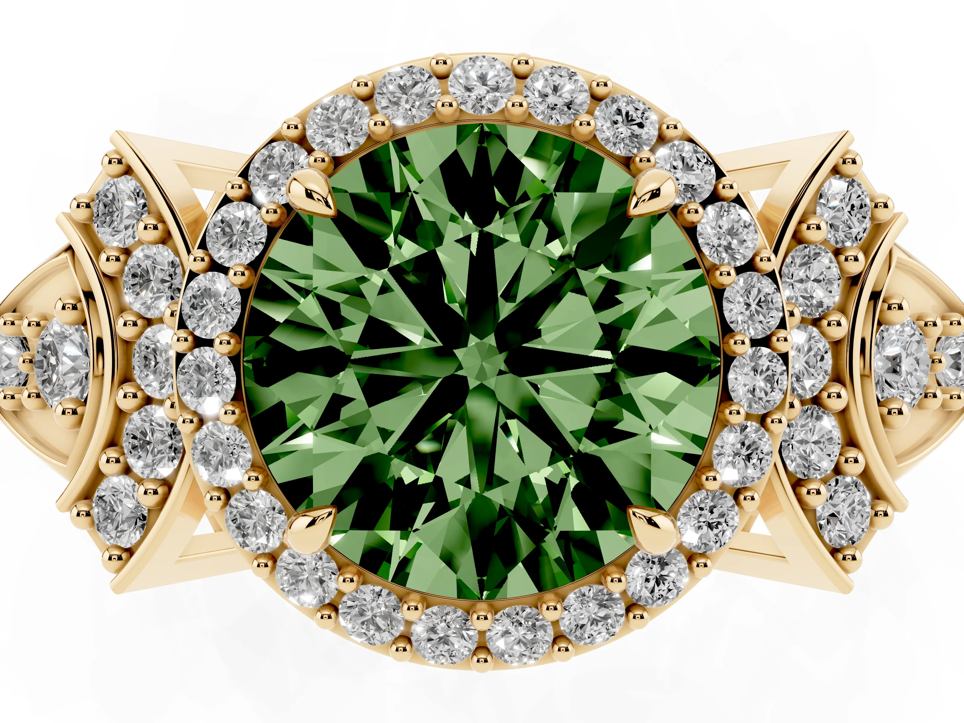 Fancy Green Round Cut Diamond Halo Engagement Ring Set in Yellow gold with Accent Stone Split Shank