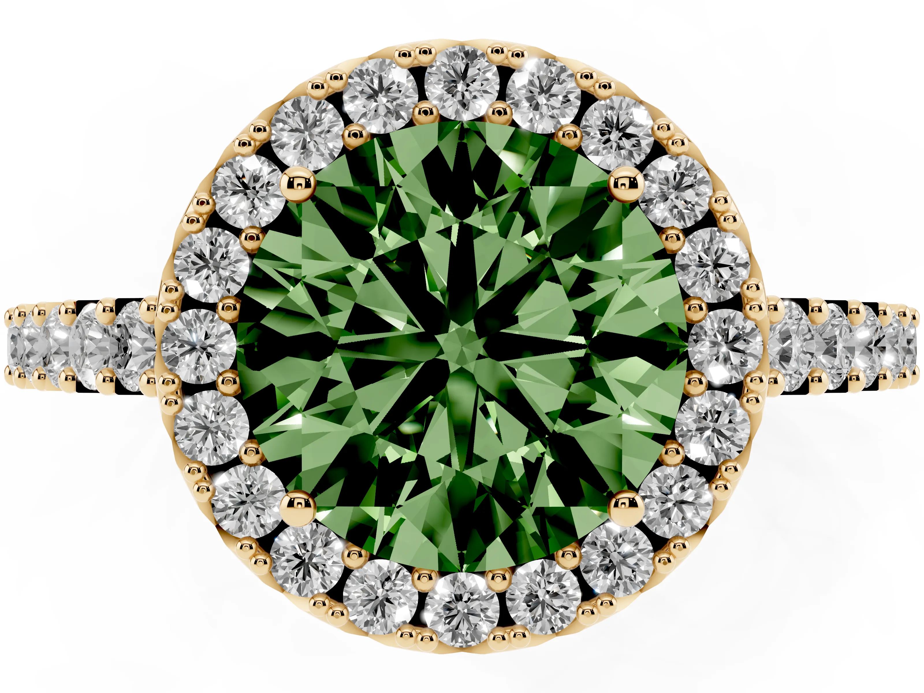 Fancy Green Round Cut Diamond Halo Pavé Solitaire Ring Set in Yellow gold with Prong-Set Center Stone
