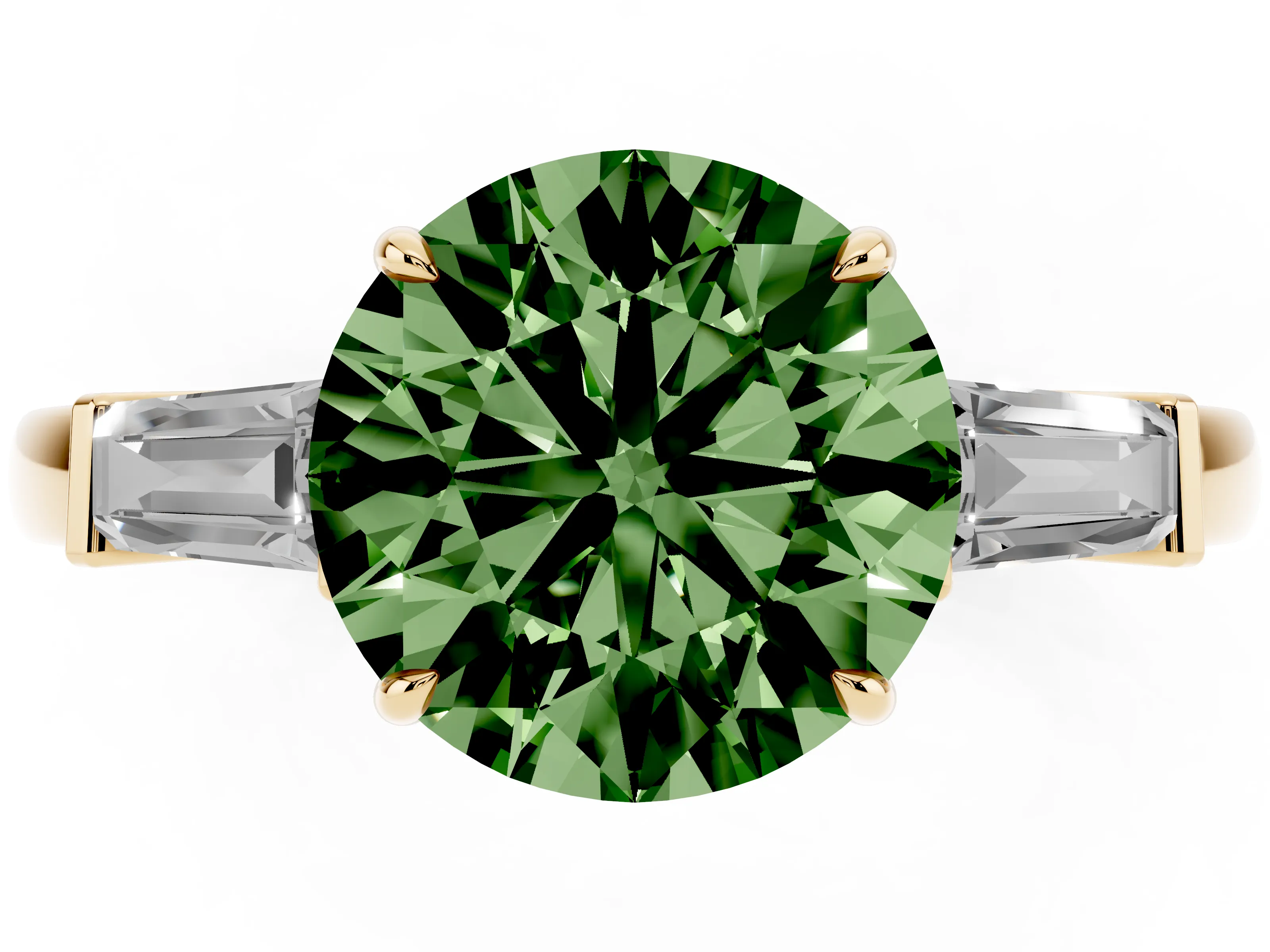 Fancy Green Round Cut Diamond Three-Stone Ring Set in Yellow gold with Tapered Baguette Side Stones and Prong Setting