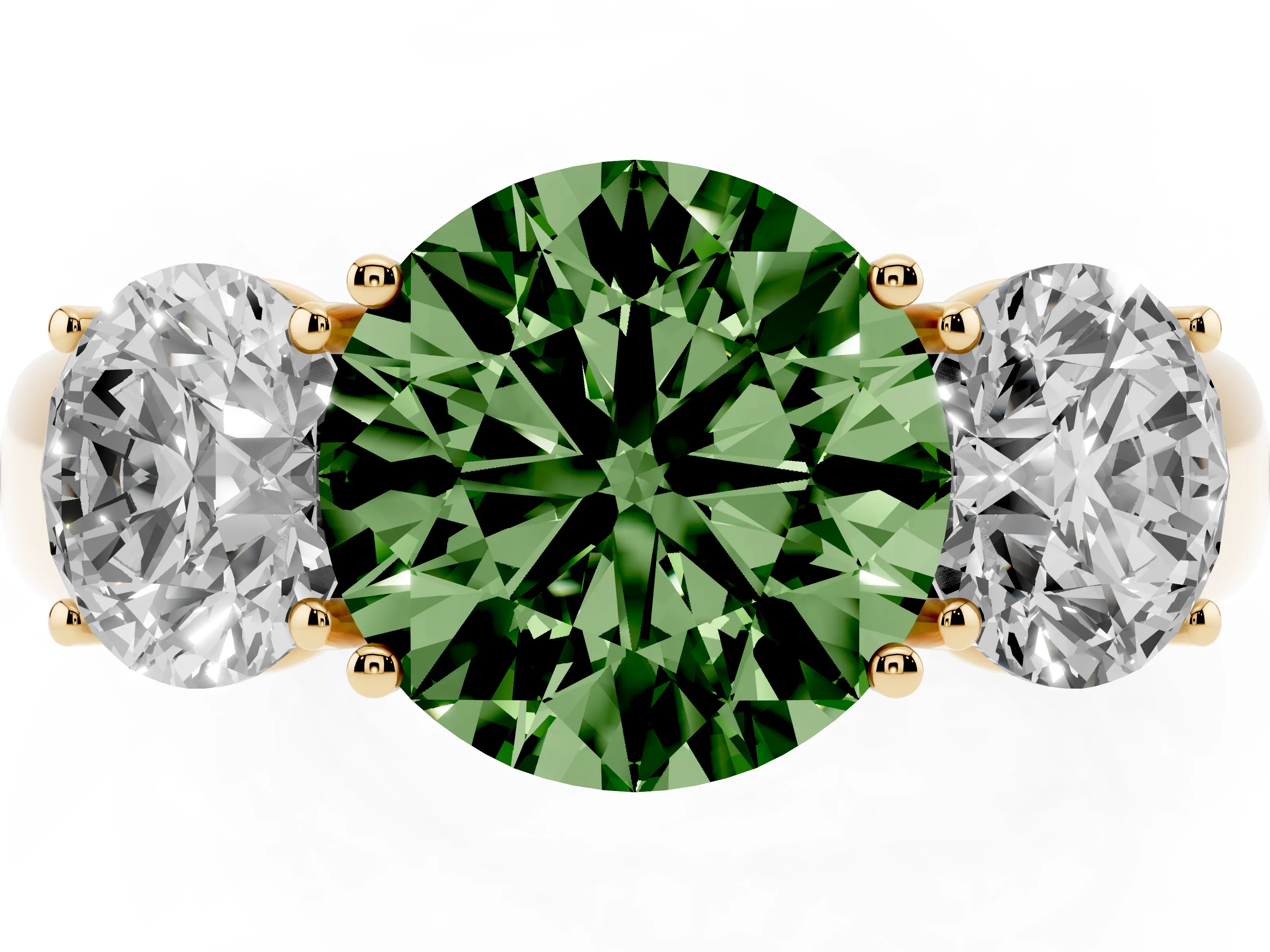 Fancy Green Three-Stone Round Cut Diamond Ring Set in Yellow gold with Matching Prong Settings and Plain Band