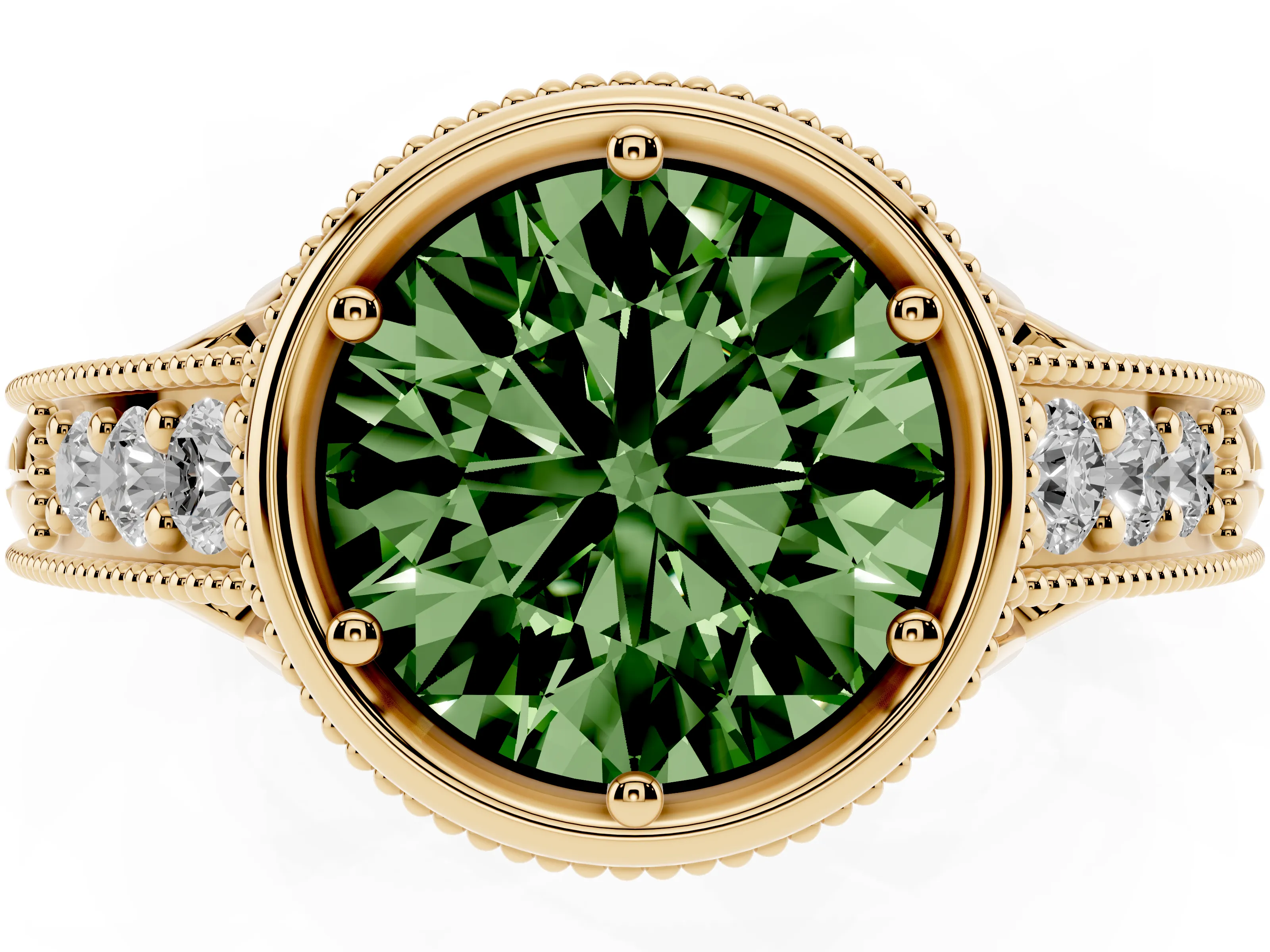 Fancy Green Bezel Set Round Cut Diamond Milgrain Pavé Engagement Ring Set in Yellow gold