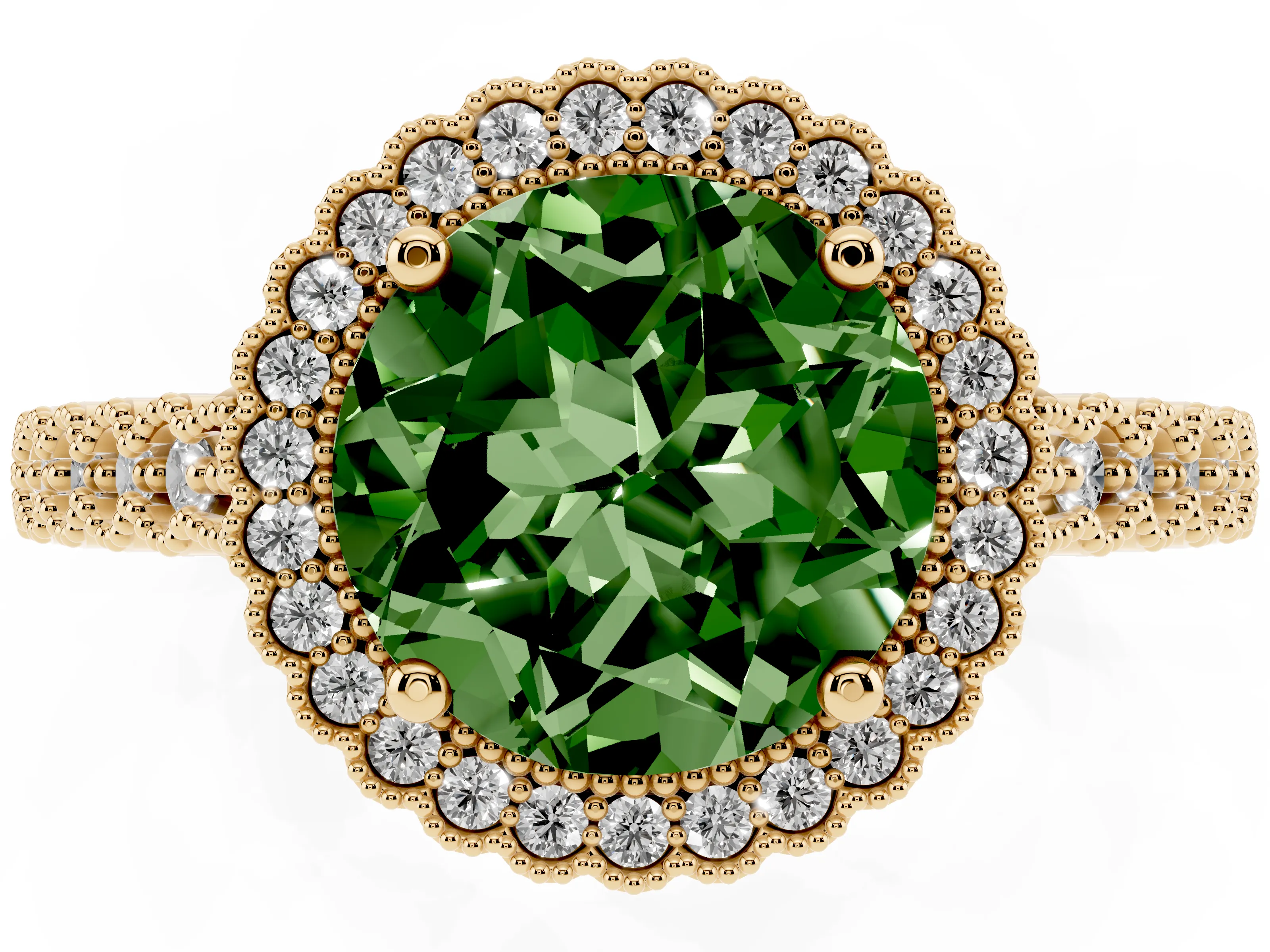 Fancy Green Round Cut Diamond Halo Ring Set in Yellow gold with Pavé Milgrain Band