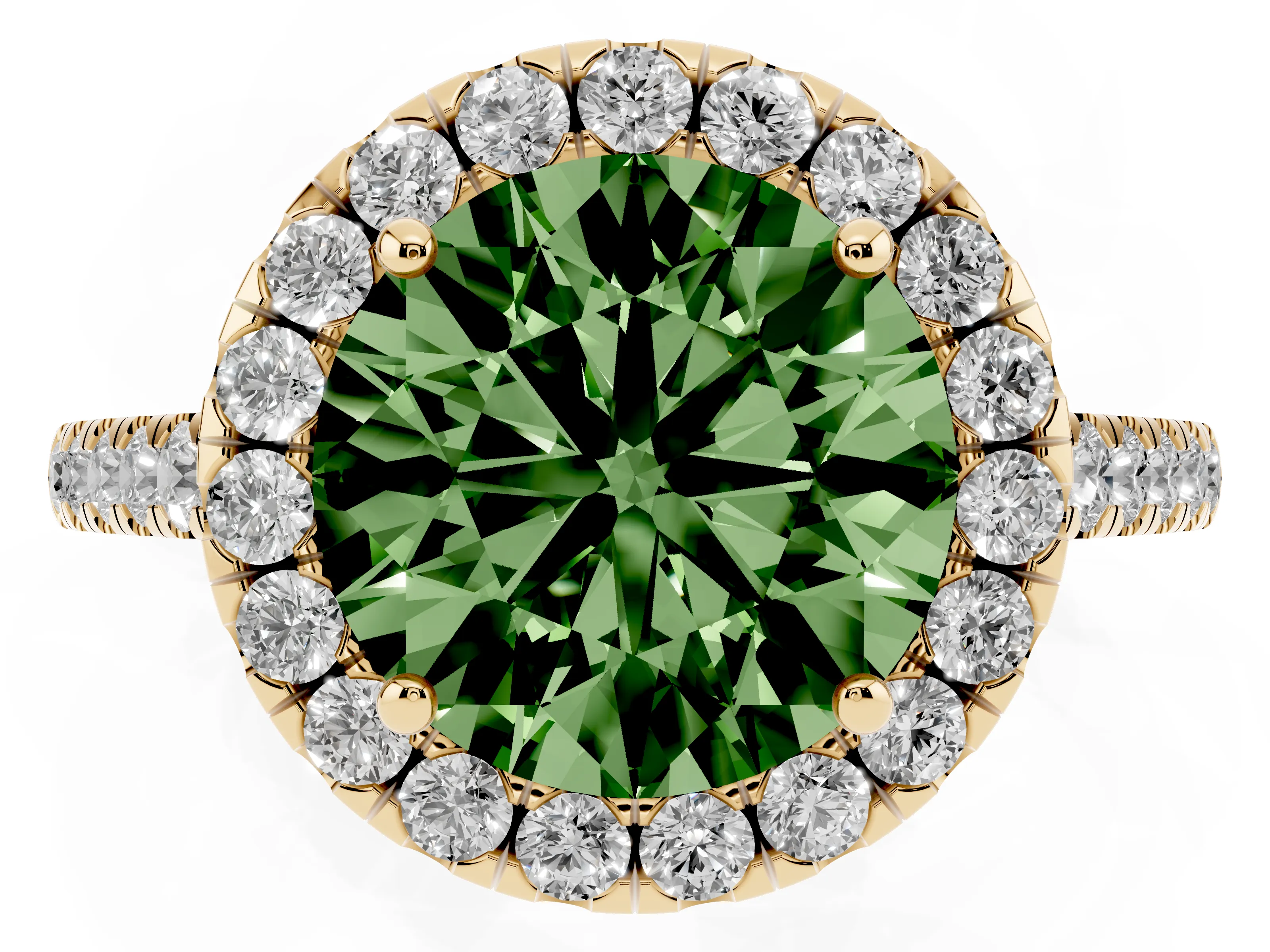 Fancy Green Round Cut Diamond Halo Pavé Engagement Ring Set in Yellow gold with Prong Setting