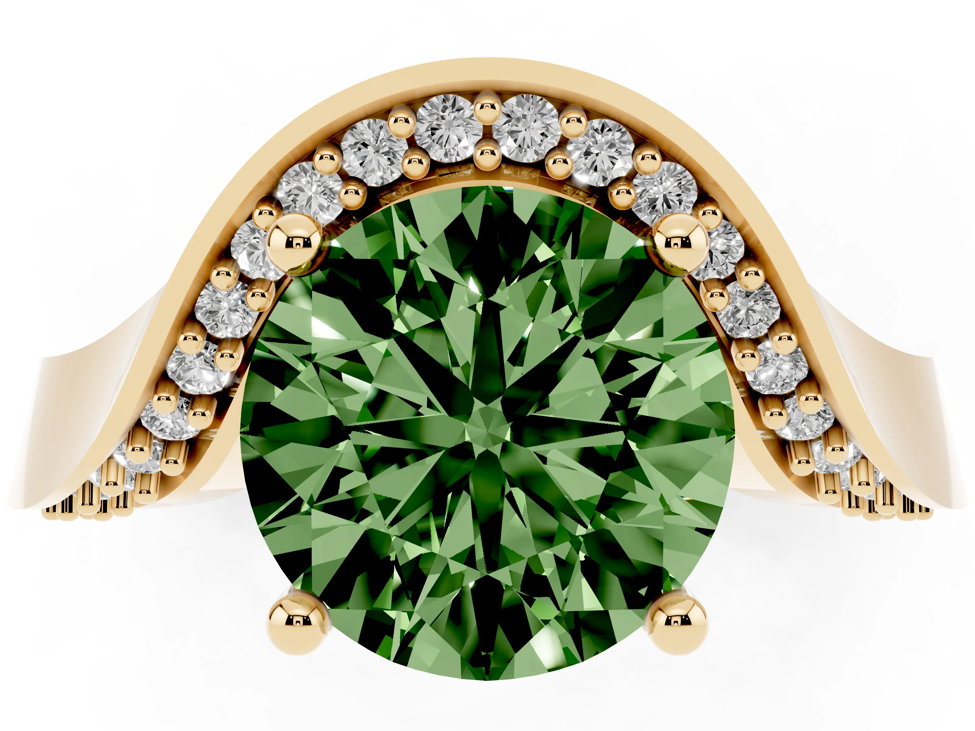 Fancy Green Round Cut Diamond Solitaire Engagement Ring Set in Yellow gold with Pavé Shoulders