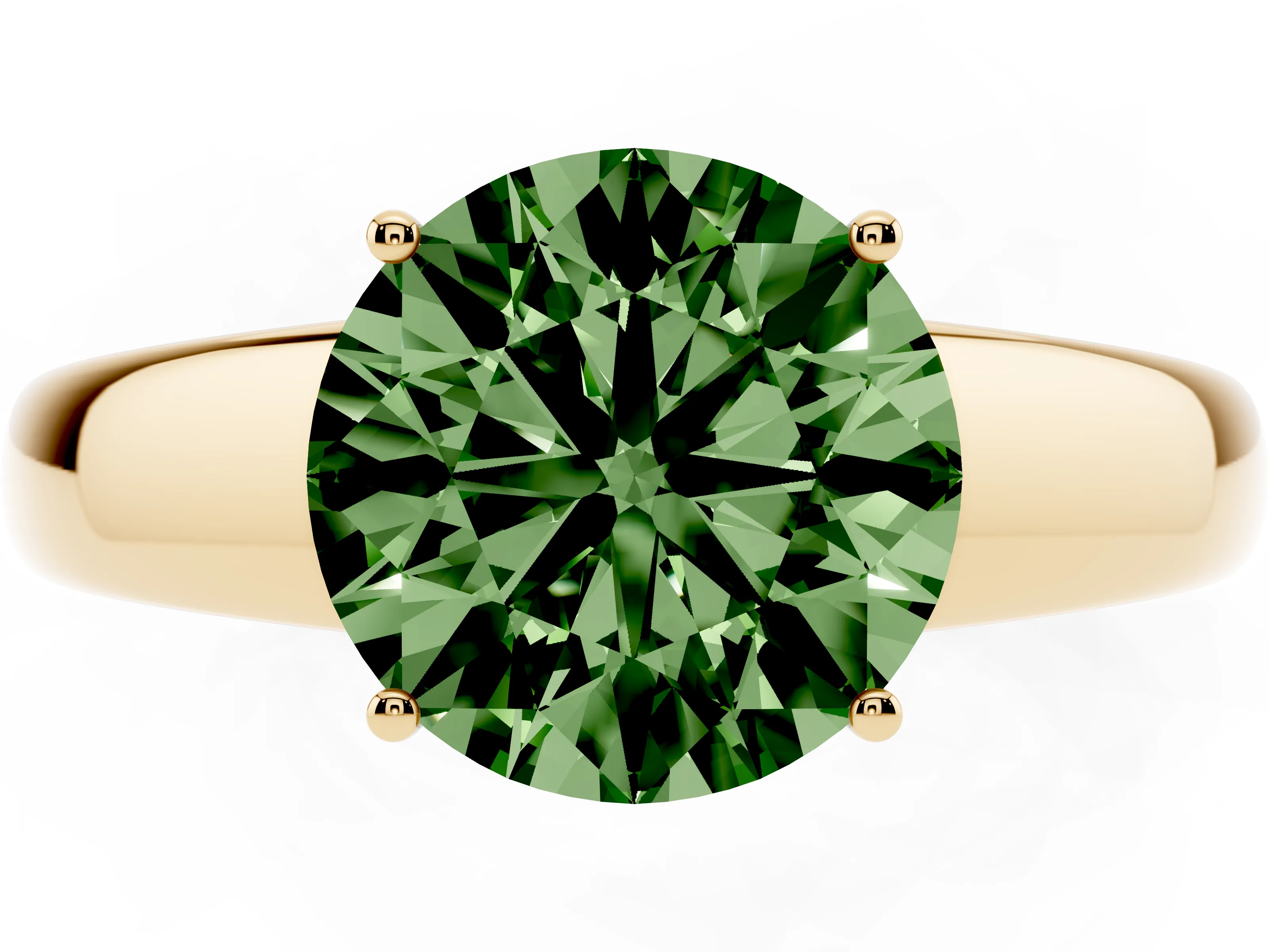 Fancy Green Round Cut Diamond Solitaire Ring Set in Yellow gold with Tapered Band and Prong Setting