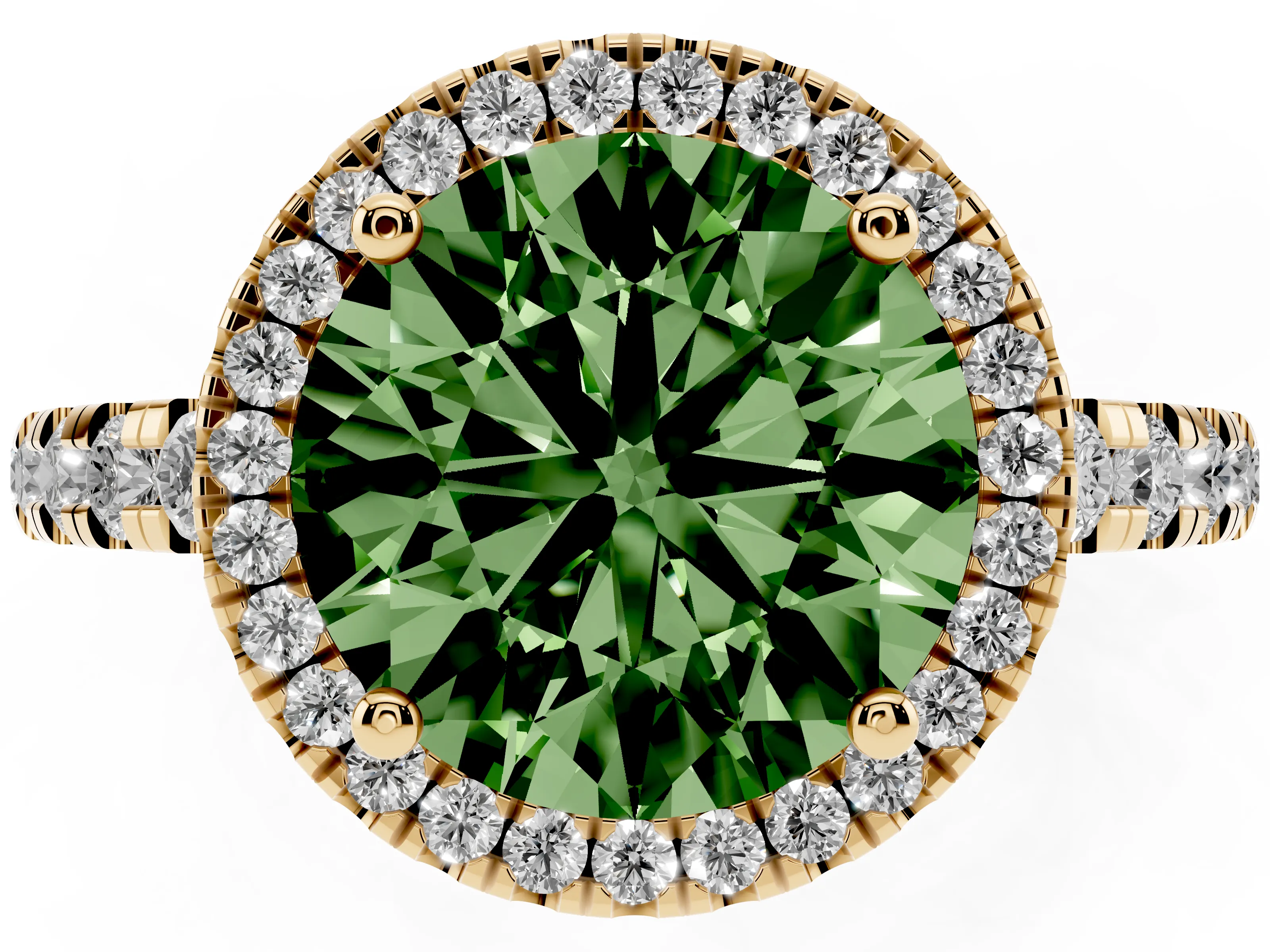 Fancy Green Round Cut Diamond Halo Ring Set in Yellow gold with Delicate Pavé Band and Prong Setting