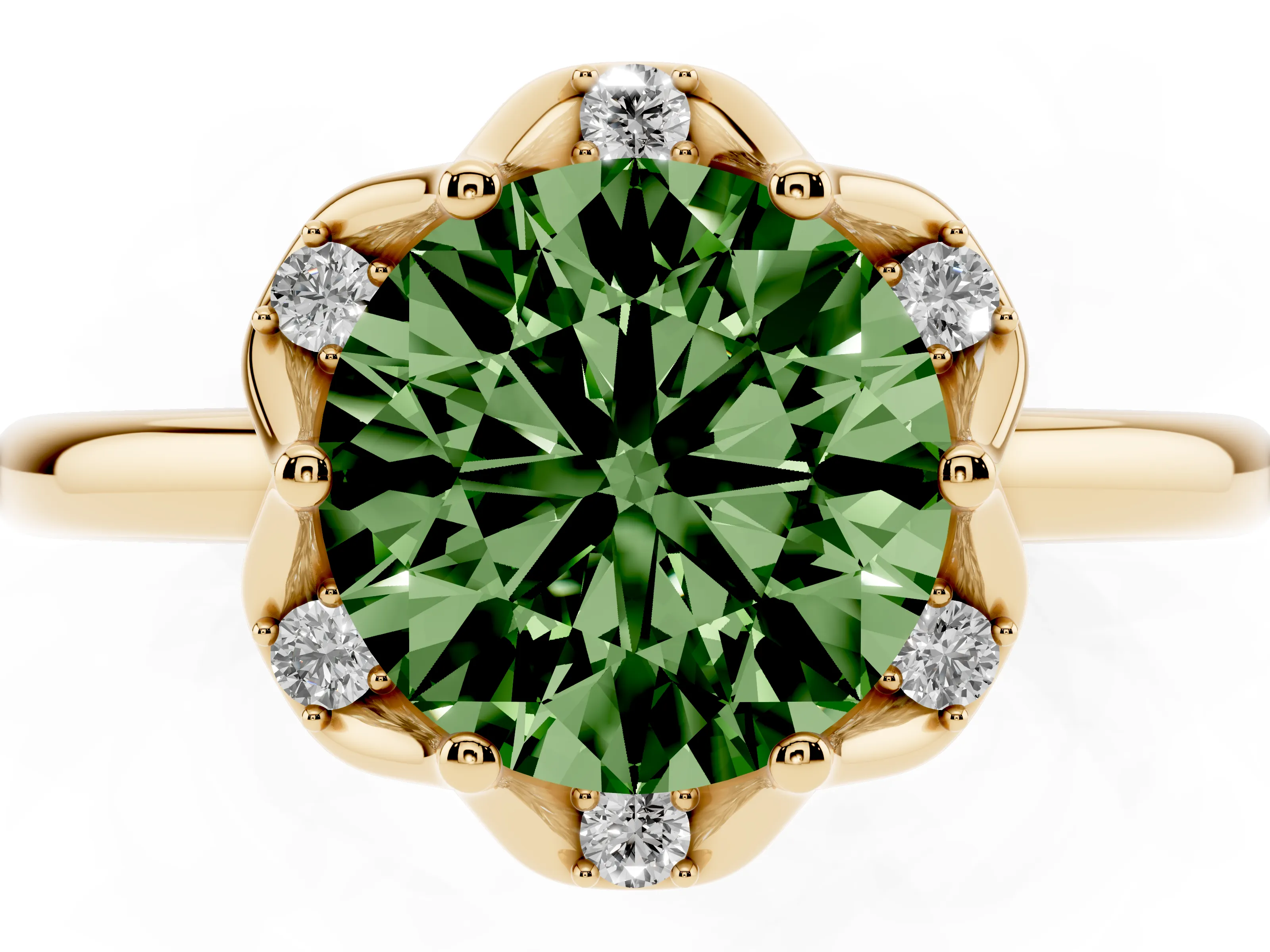 Fancy Green Round Cut Diamond Round Cluster Halo Ring Set in Yellow gold with Solitaire Band and Prong Setting