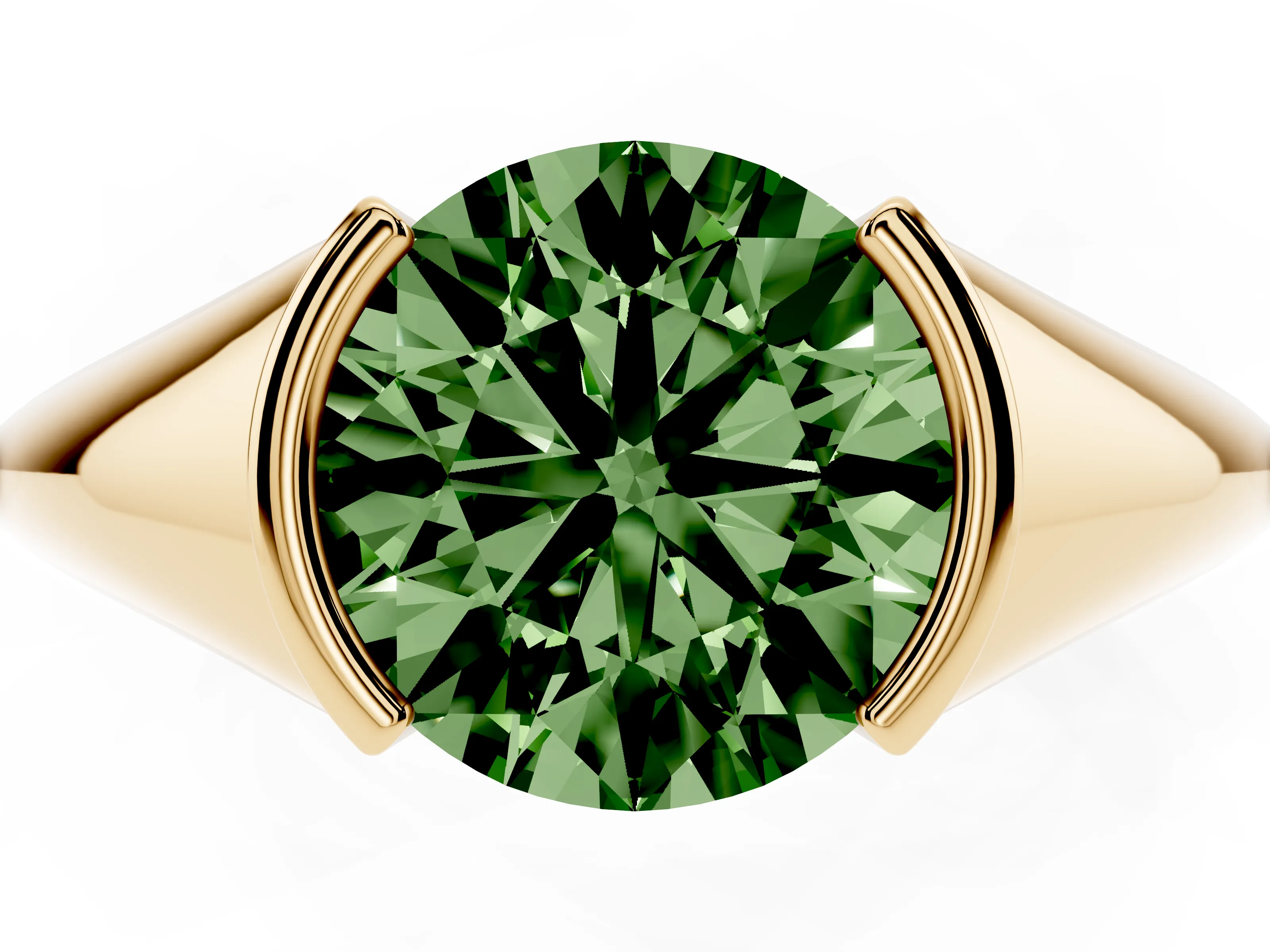 Fancy Green Round Cut Diamond Solitaire Tension Set Ring Set in Yellow gold