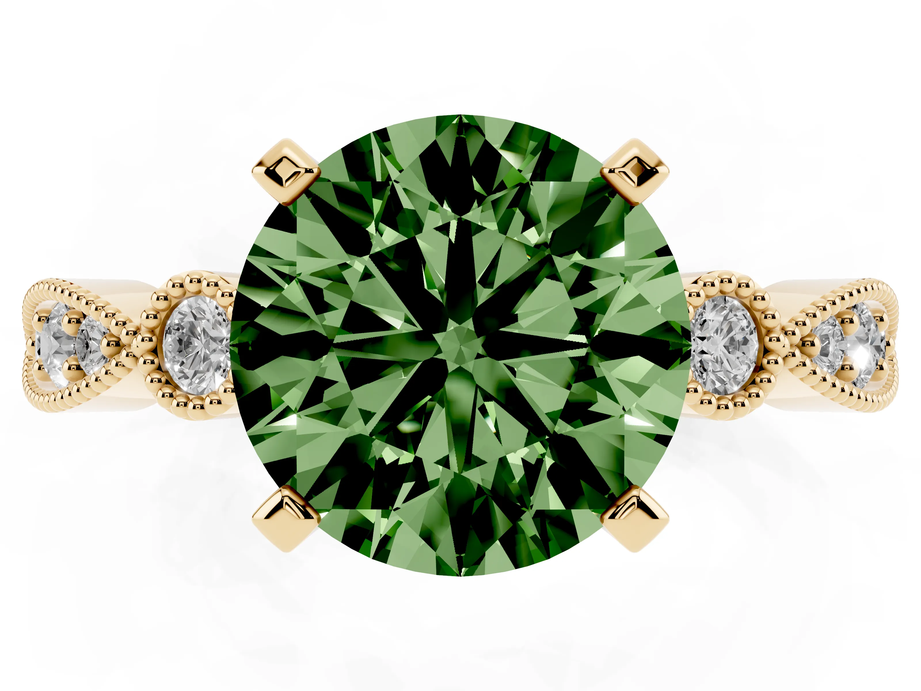 Fancy Green Round Cut Diamond Solitaire Engagement Ring Set in Yellow gold with Milgrain Bezel Accent Band