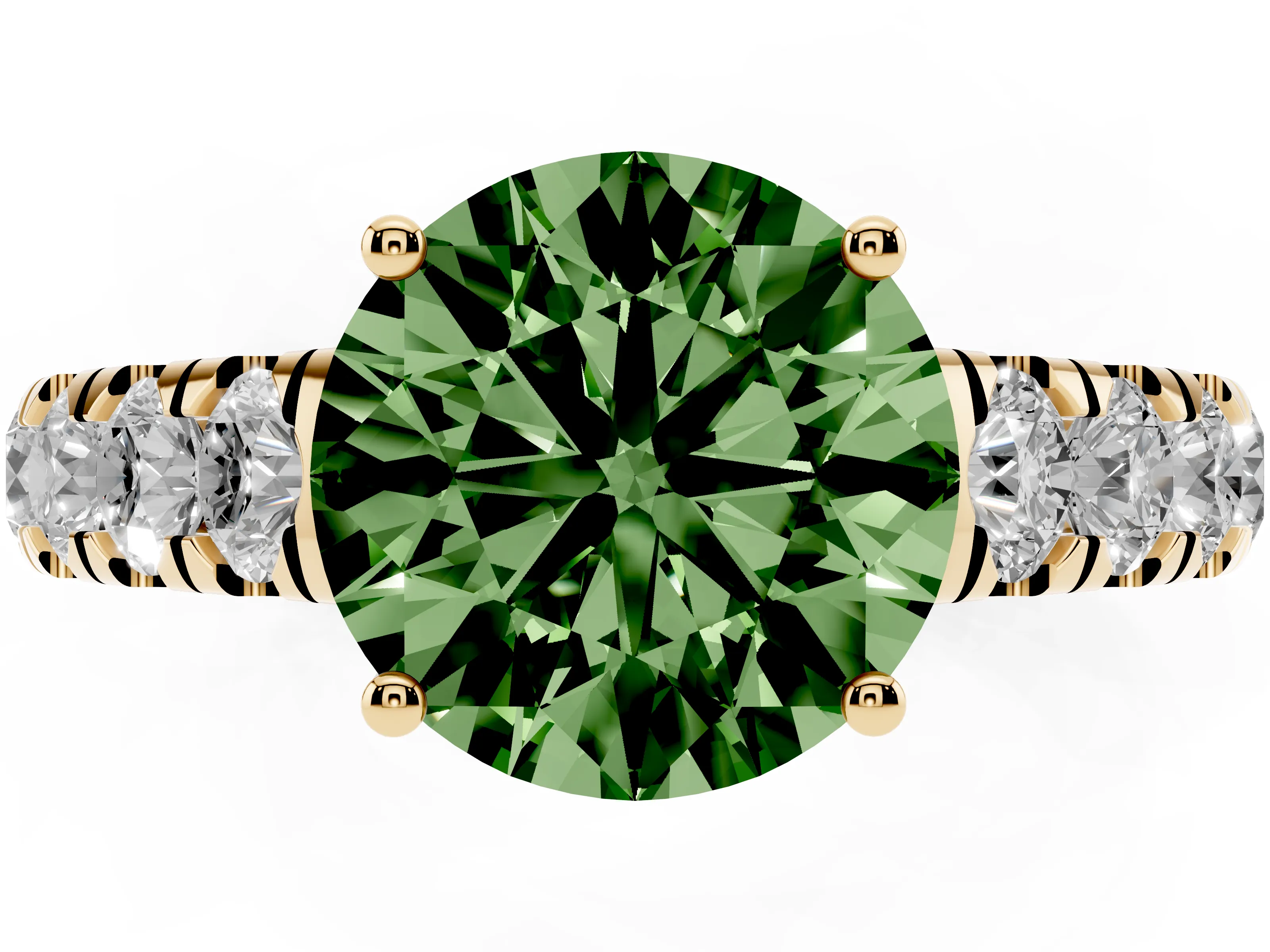 Fancy Green Round Cut Diamond Solitaire Ring Set in Yellow gold with Cut-Down Micro Pavé Band and Prong Setting