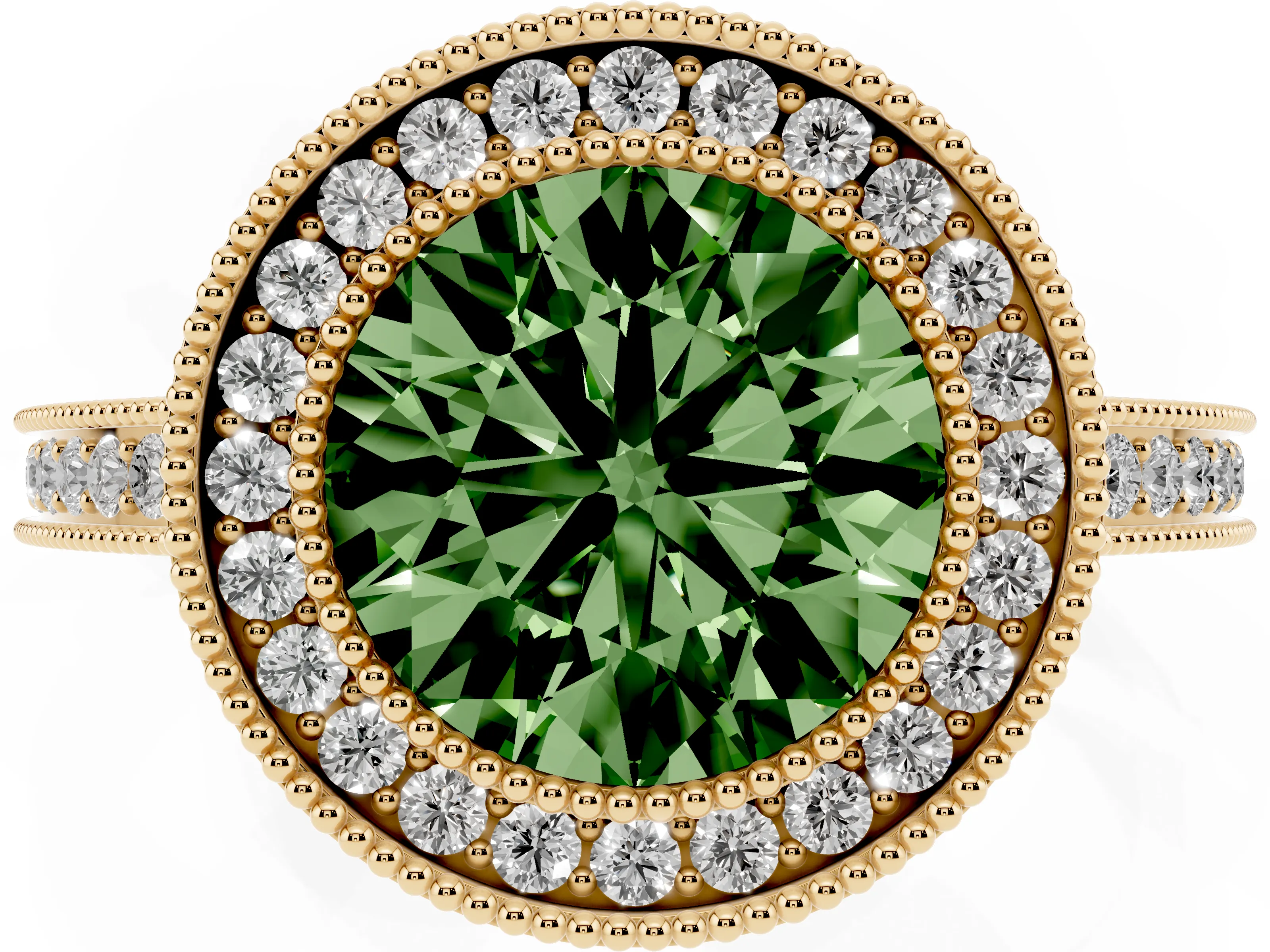 Fancy Green Round Cut Diamond Halo Ring Set in Yellow gold with Pavé Band and Milgrain-Edged Prongs