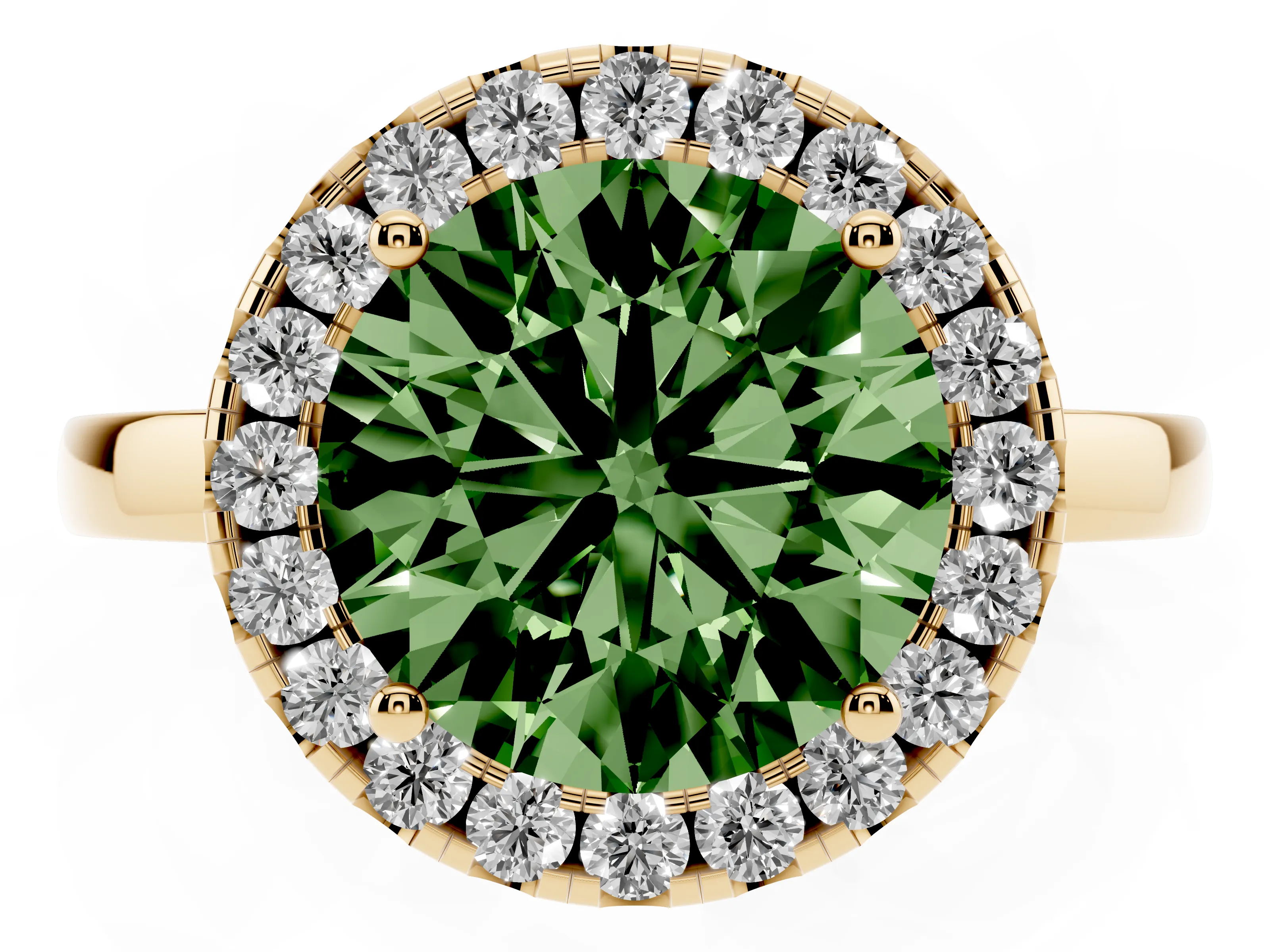 Fancy Green Round Cut Diamond Halo Solitaire Ring Set in Yellow gold with Pavé Band and Prong Setting