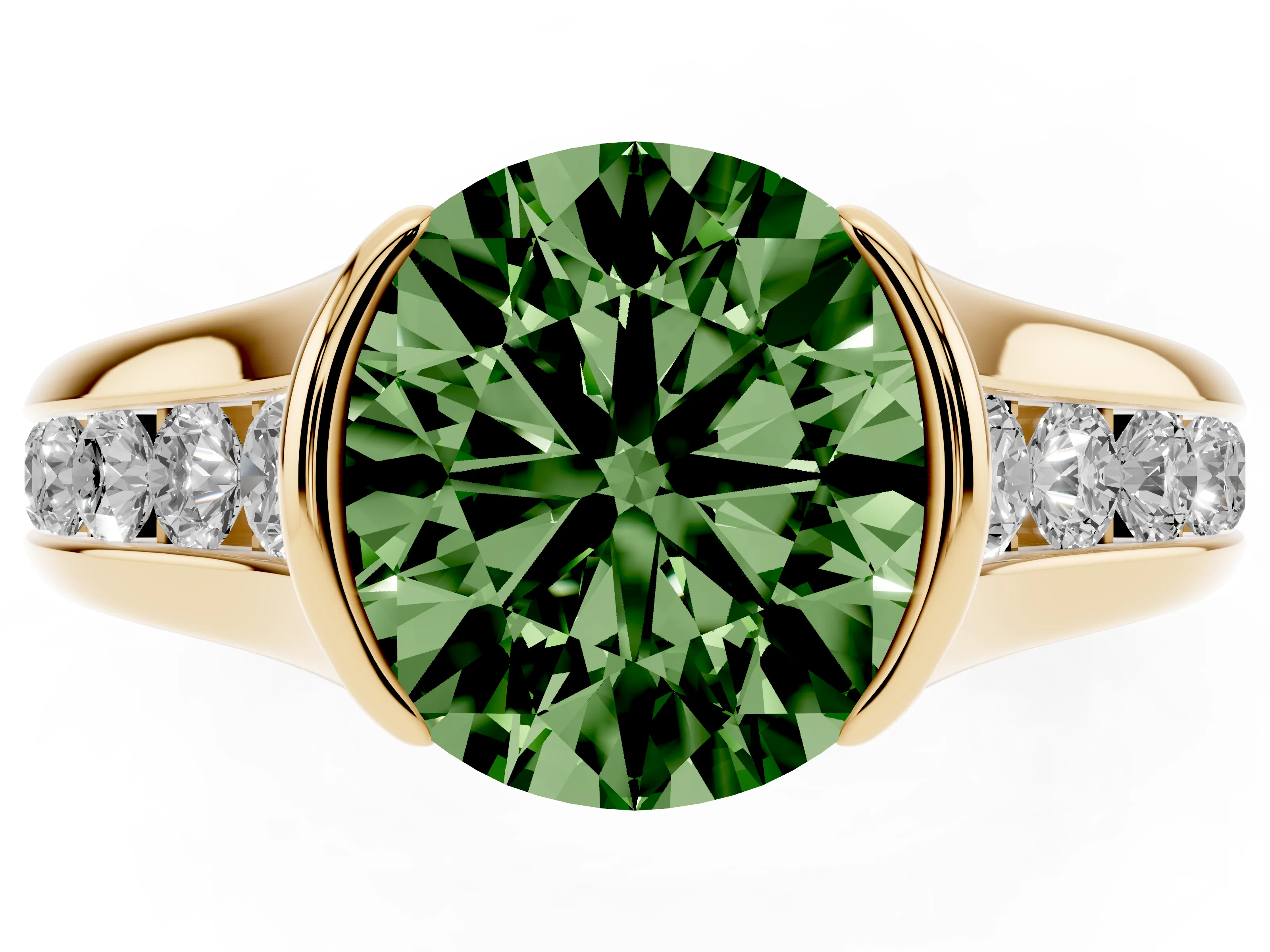Fancy Green Round Cut Diamond Bezel-Set Solitaire Ring Set in Yellow gold with Channel-Set Band