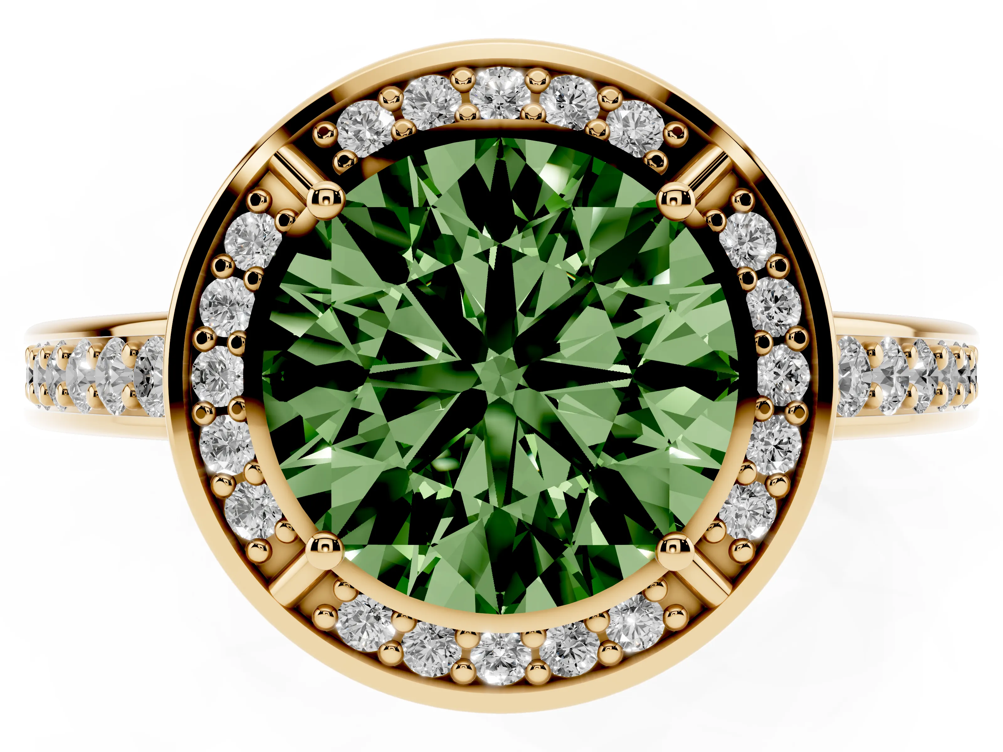 Fancy Green Round Cut Diamond Halo Pavé Split Shank Ring Set in Yellow gold with Prong Setting
