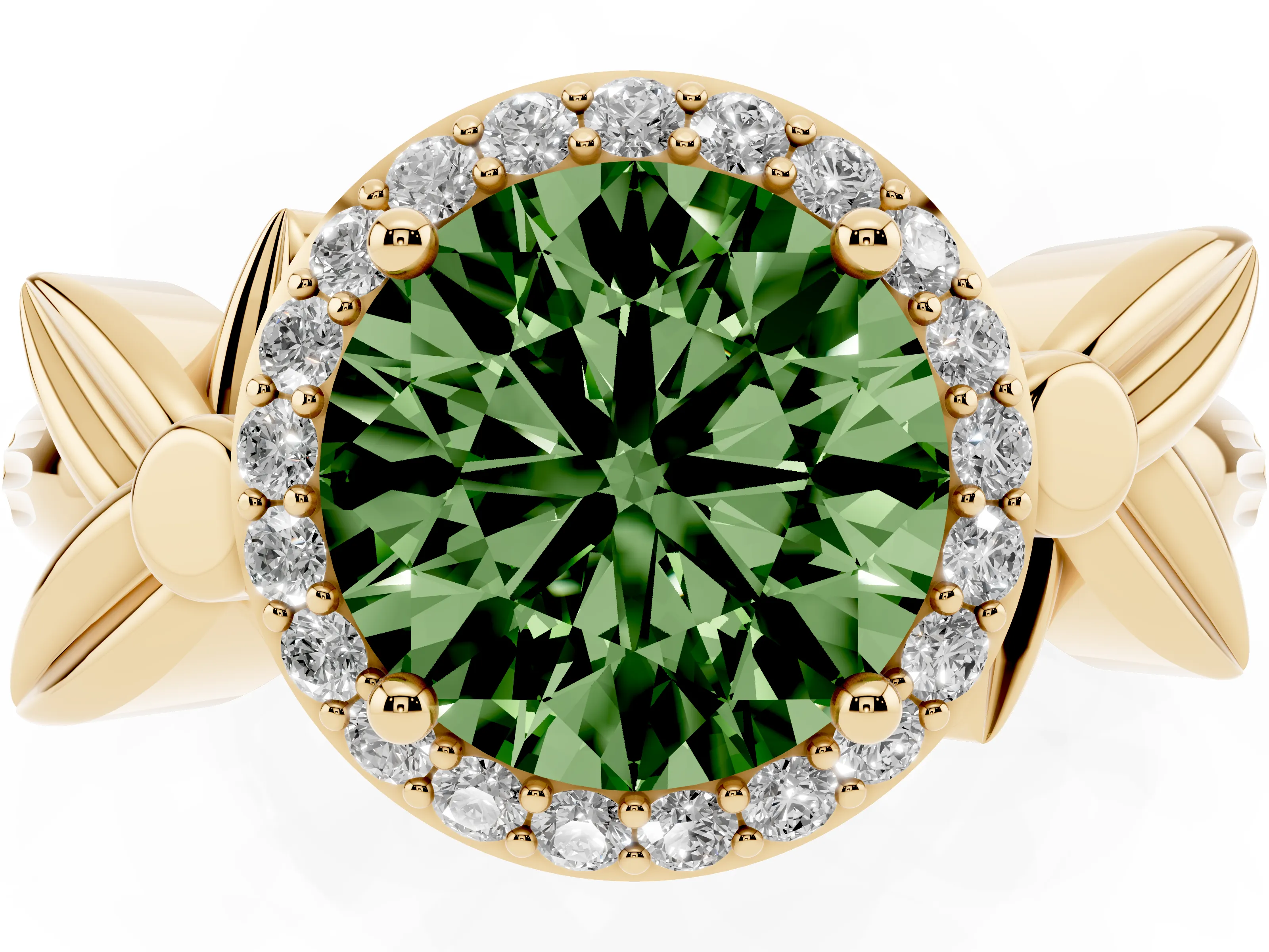 Fancy Green Round Cut Diamond Halo Floral Band Ring Set in Yellow gold with Prong Setting
