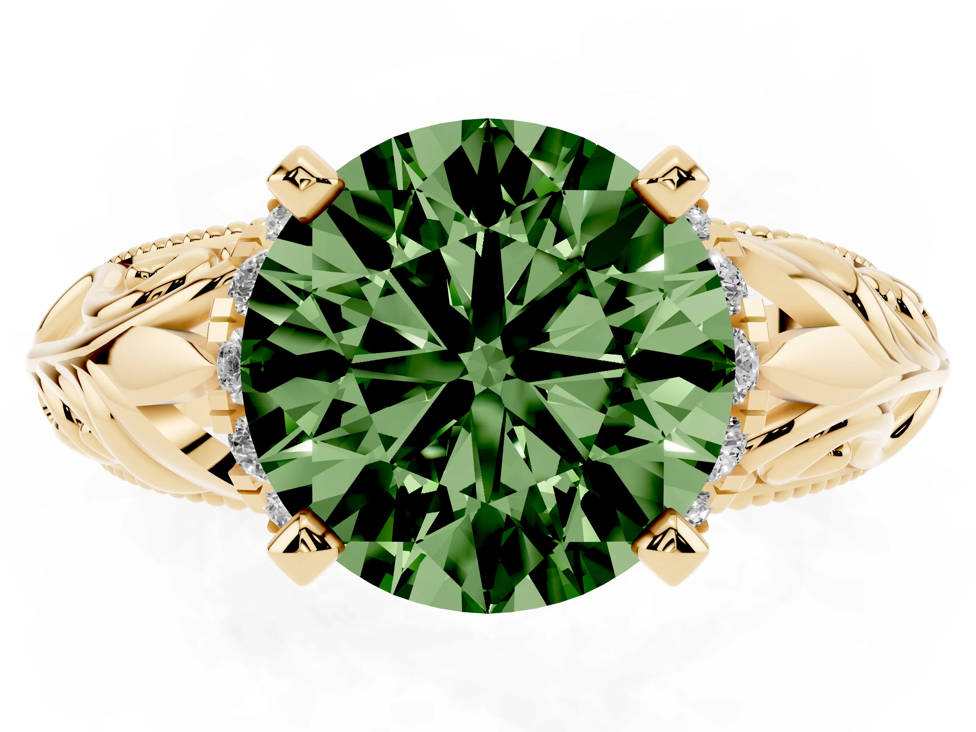 Fancy Green Round Cut Diamond Filigree Halo Engagement Ring Set in Yellow gold with Prong Setting