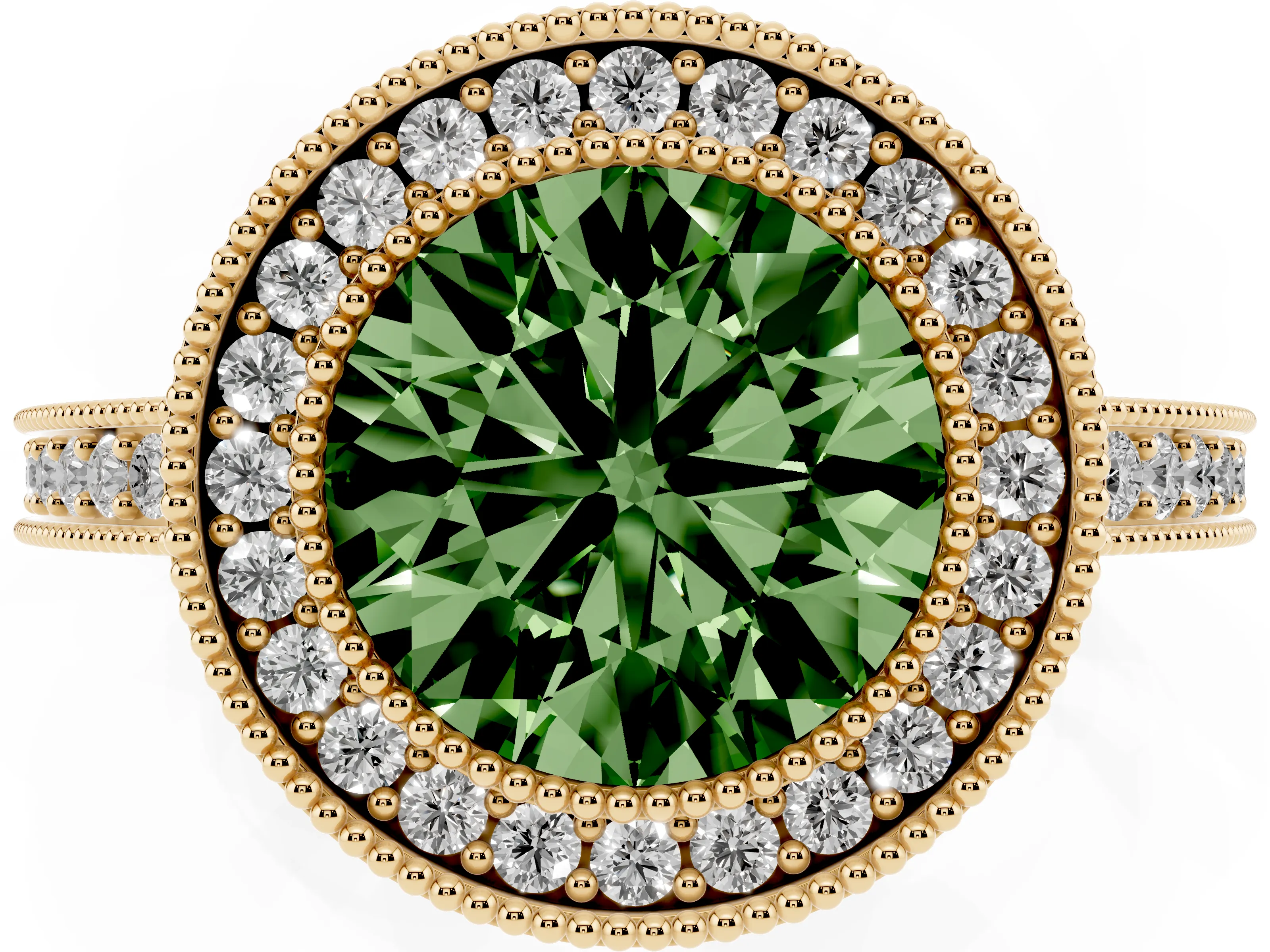 Fancy Green Round Cut Diamond Round Halo Ring Set in Yellow gold with Pavé Band