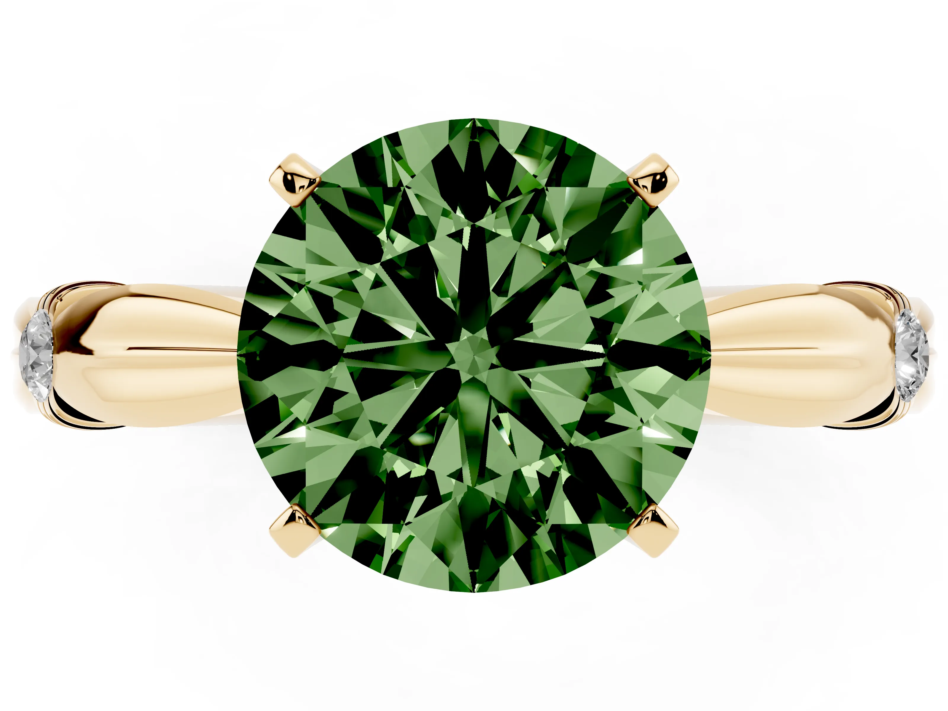 Fancy Green Round Cut Diamond Solitaire Twisted Band Ring Set in Yellow gold with Accent Stones and Prong Setting