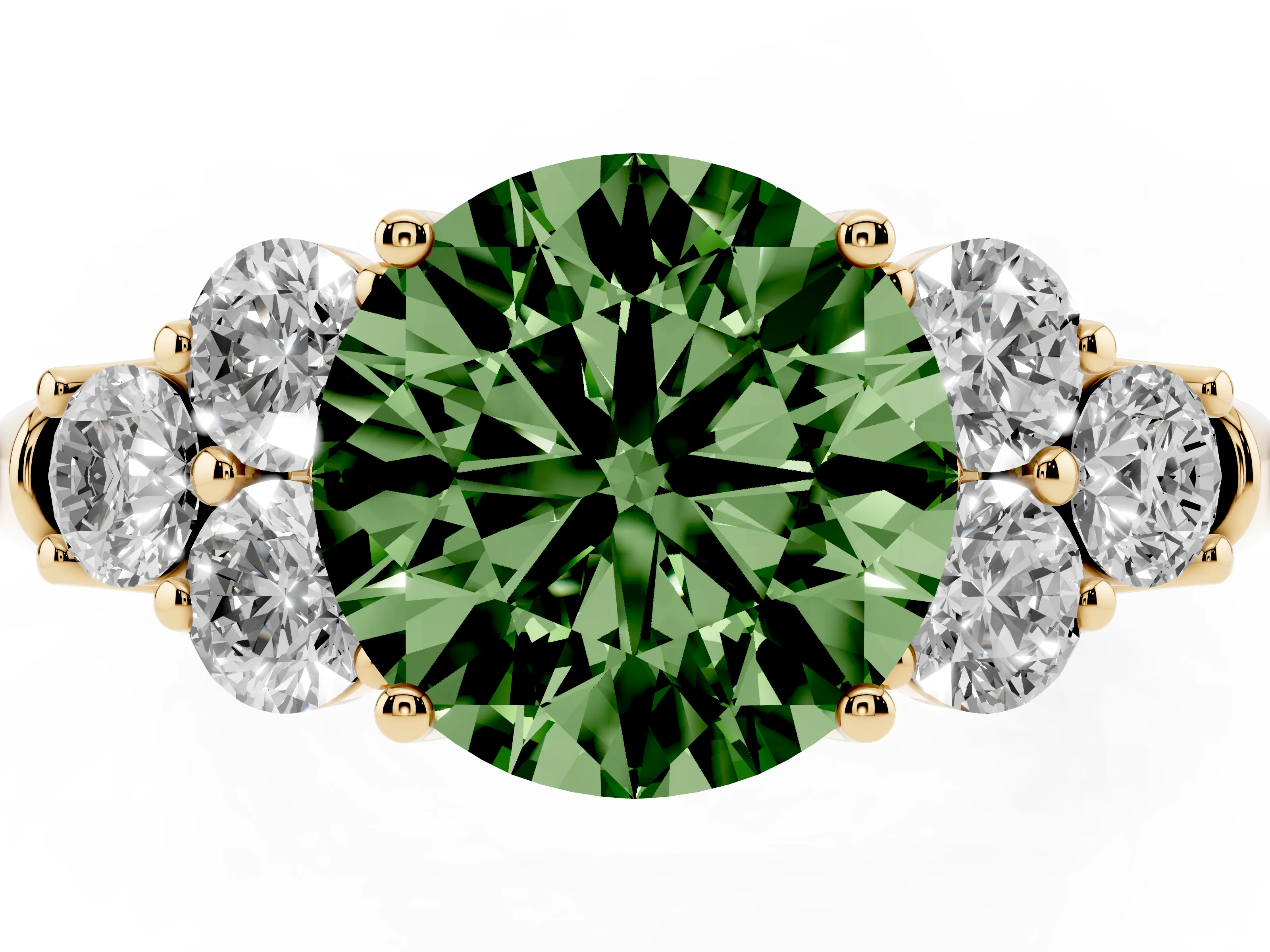 Fancy Green Round Cut Diamond Cluster Ring Set in Yellow gold with Round Accent Stones and Prong Setting on a Plain Band