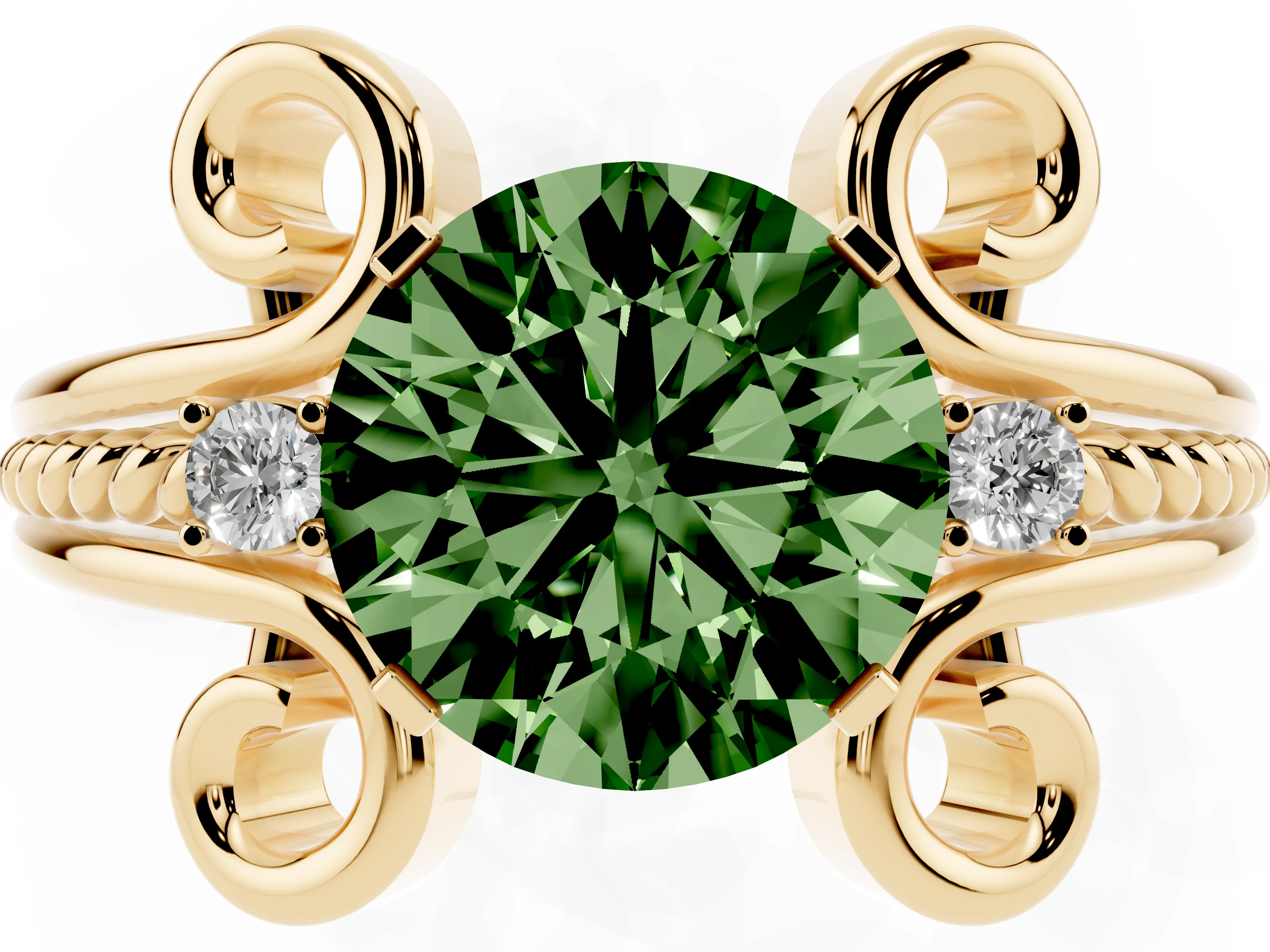 Fancy Green Round Cut Diamond Twisted Band Solitaire Ring Set in Yellow gold with Scroll Prongs