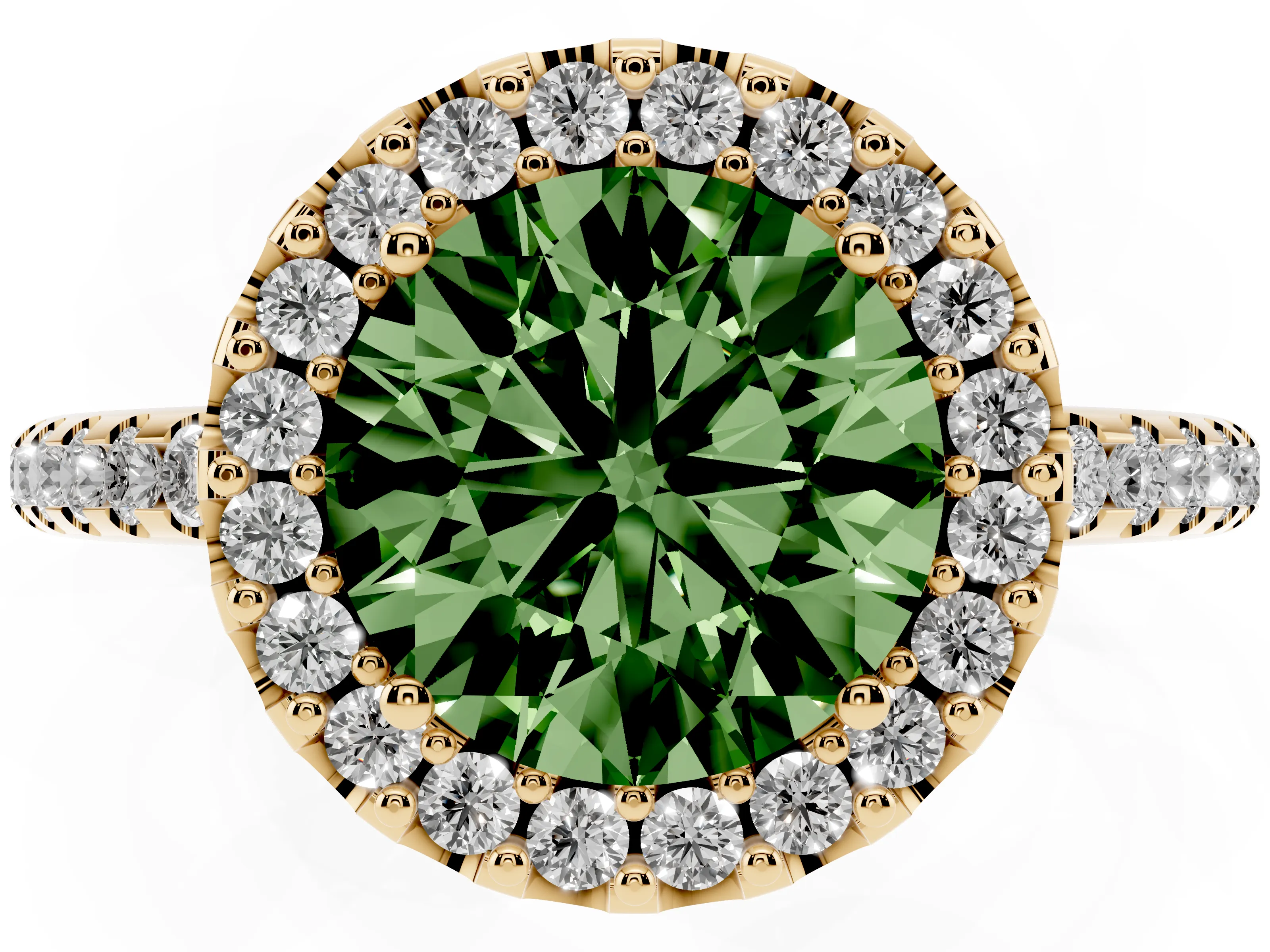 Fancy Green Round Cut Diamond Pavé Halo Ring Set in Yellow gold with Prong Setting