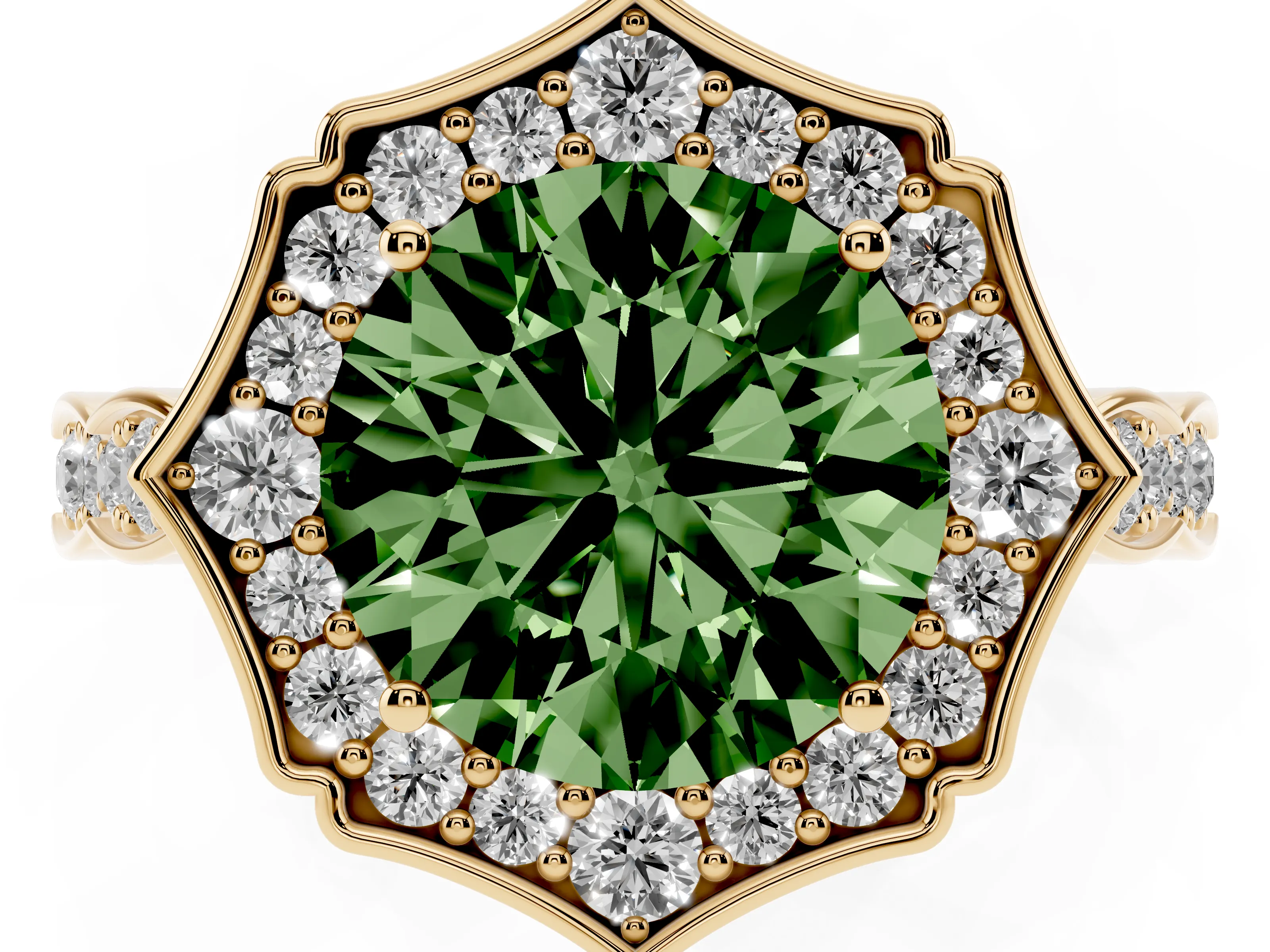 Fancy Green Round Cut Diamond Halo Engagement Ring Set in Yellow gold with Milgrain Band and Prong Setting