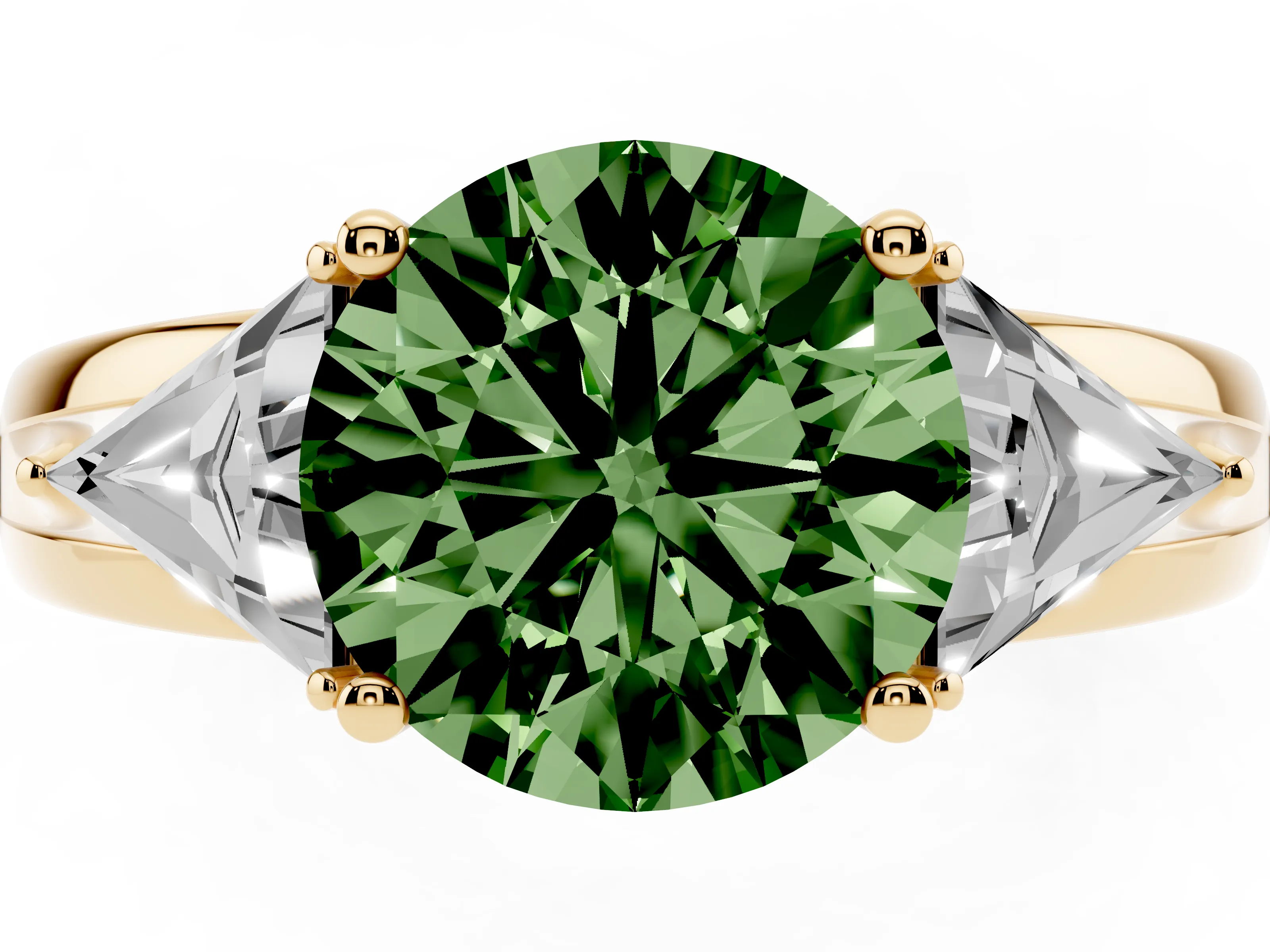 Fancy Green Round Cut Diamond Three-Stone Ring Set in Yellow gold with Trillion Side Stones and Split Shank