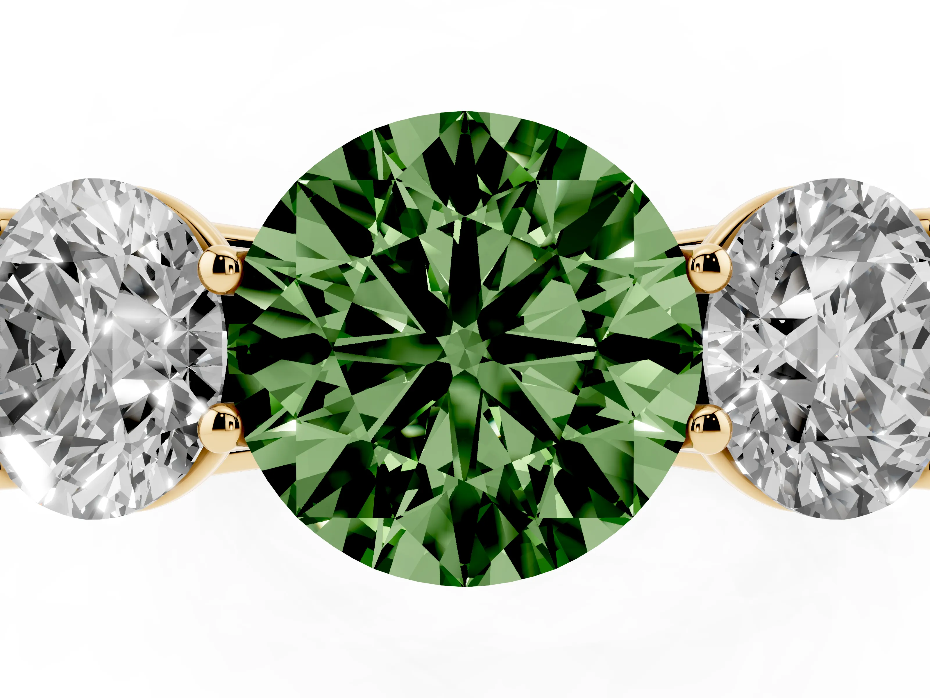 Fancy Green Round Cut Diamond Three-Stone Ring Set in Yellow gold with Plain Polished Band