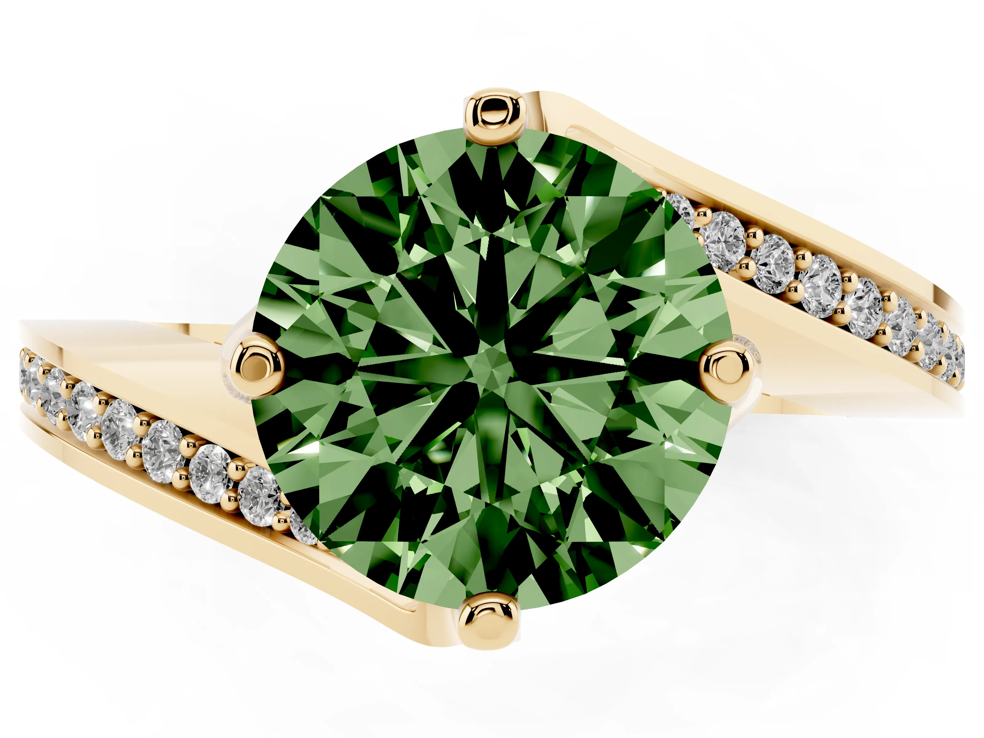 Fancy Green Round Cut Diamond Solitaire Ring Set in Yellow gold with Intertwined Pavé Twist Band