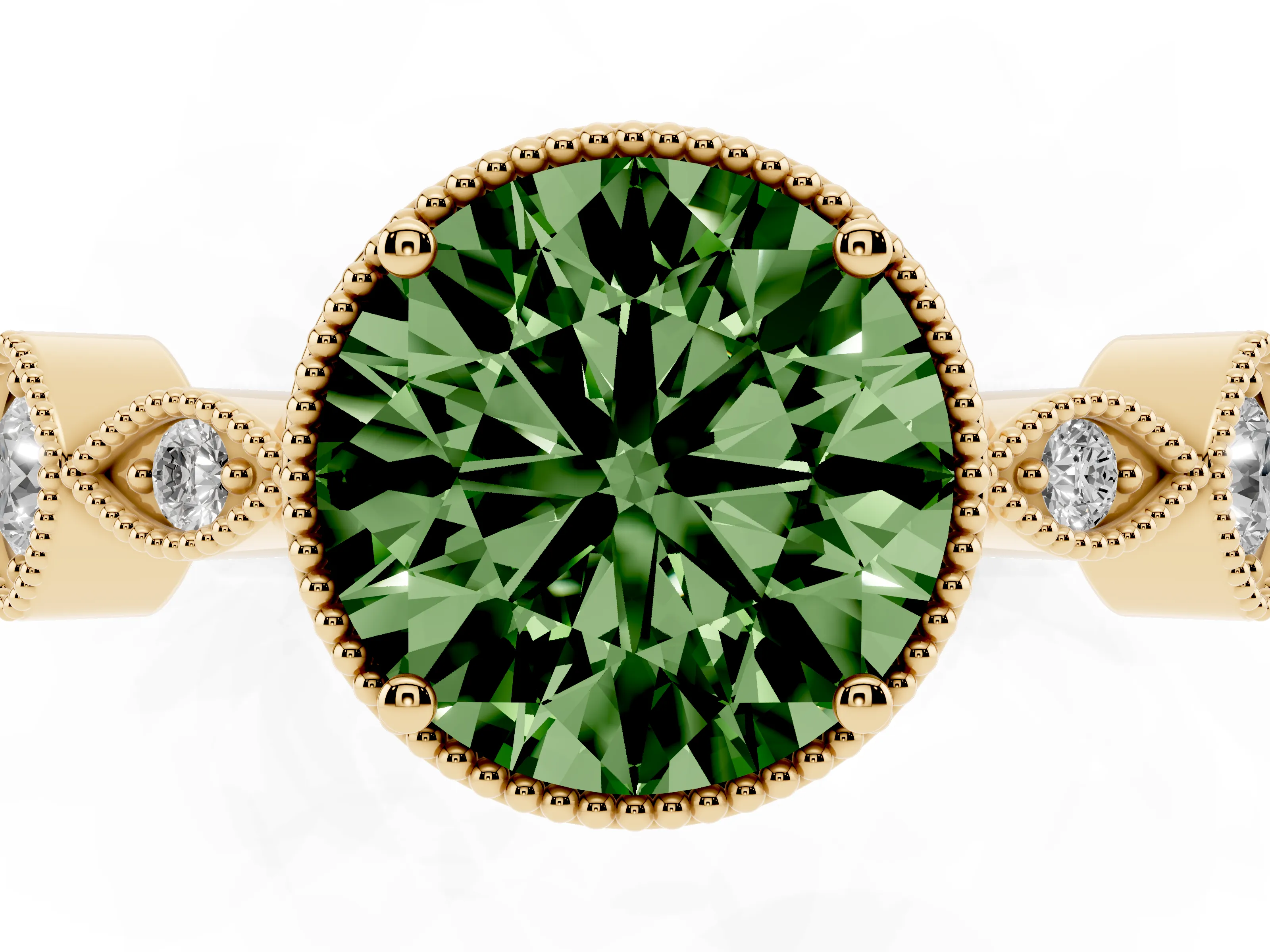 Fancy Green Round Cut Diamond Vintage-Inspired Milgrain Ring Set in Yellow gold with Marquise Stations of Round Accents