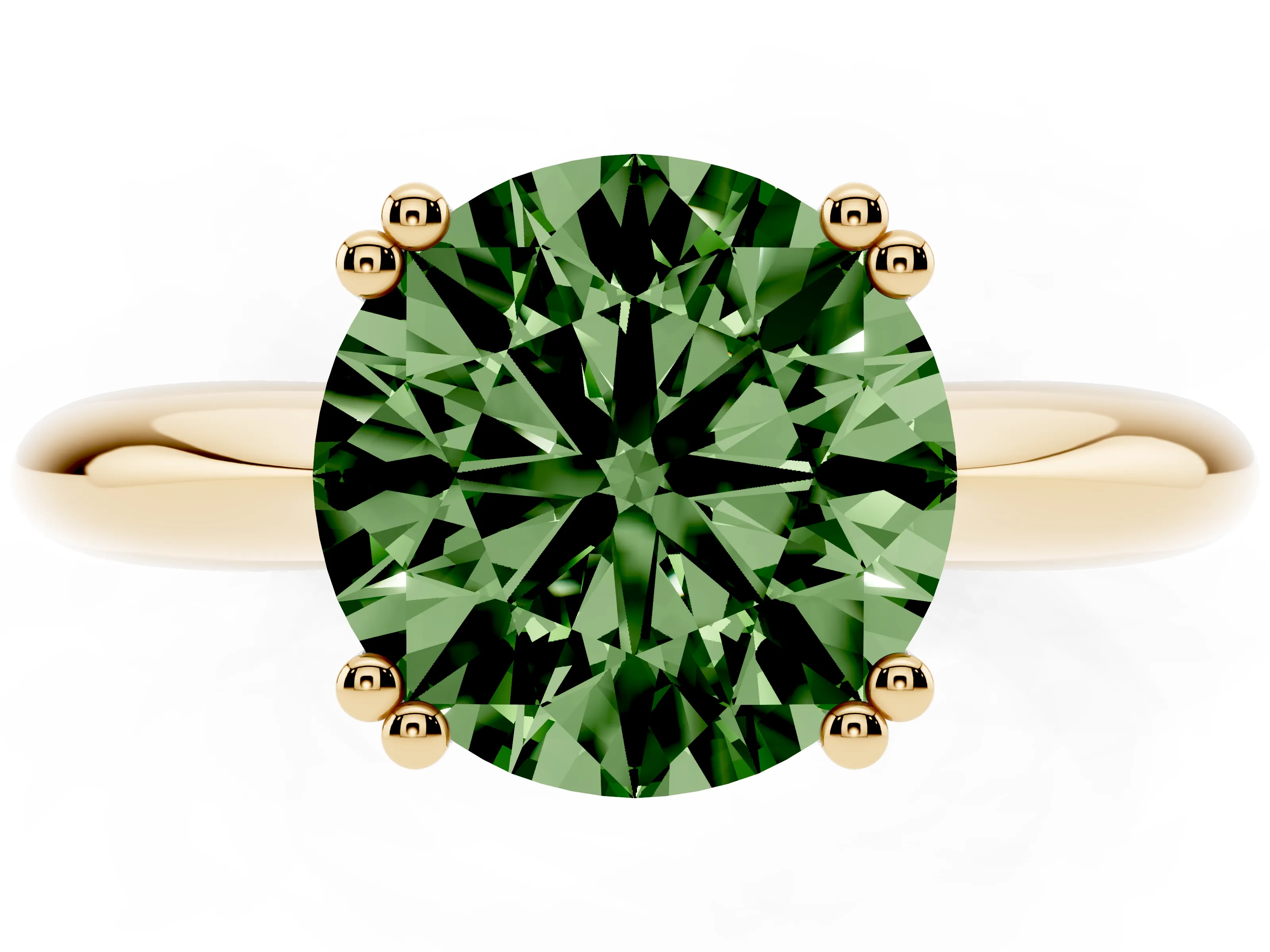 Fancy Green Round Cut Diamond Solitaire Engagement Ring Set in Yellow gold with Tapered Band and Prong Setting