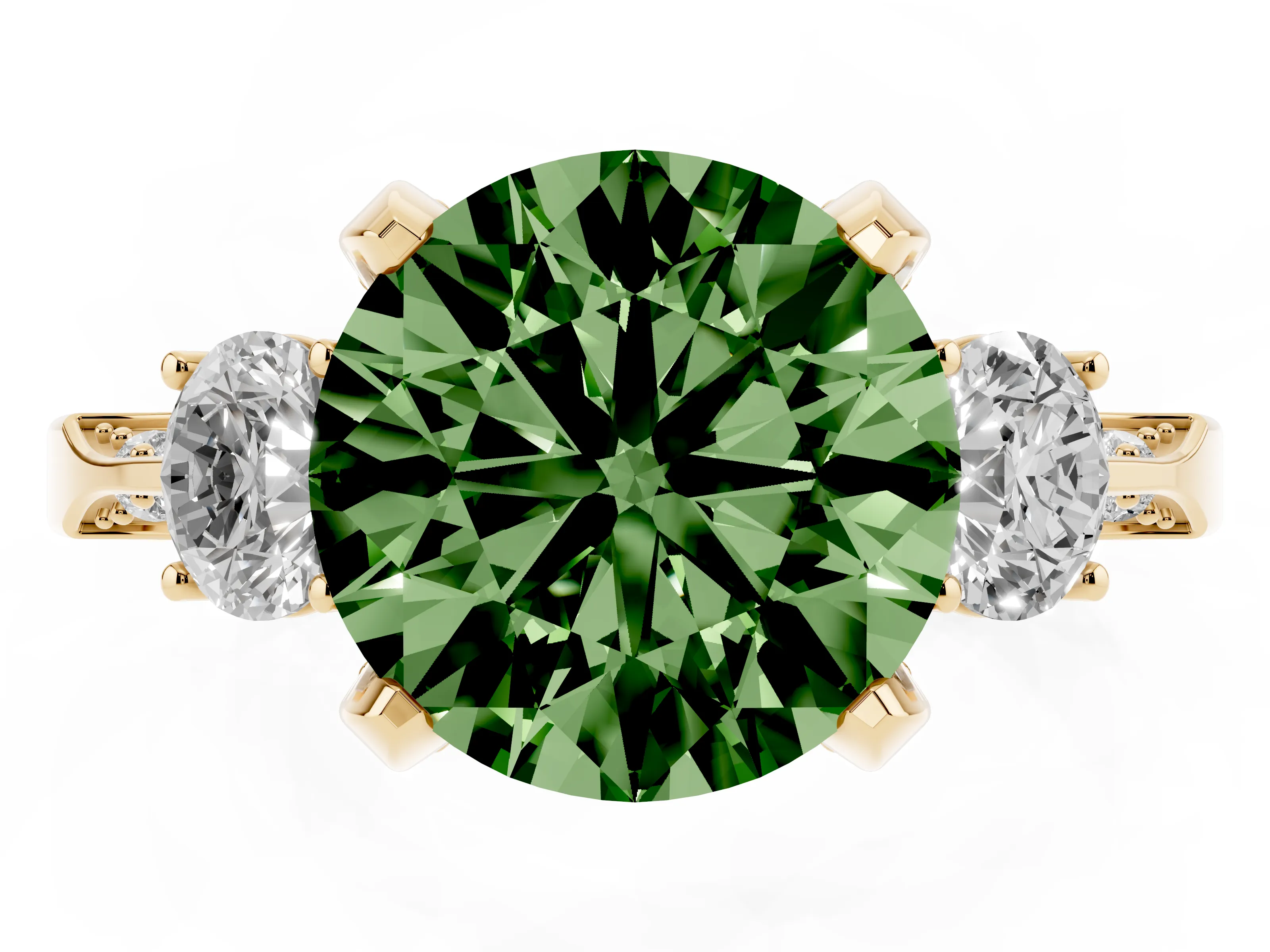 Fancy Green Round Cut Diamond Three-Stone Ring Set in Yellow gold with Pavé Band and Smaller Side Stones