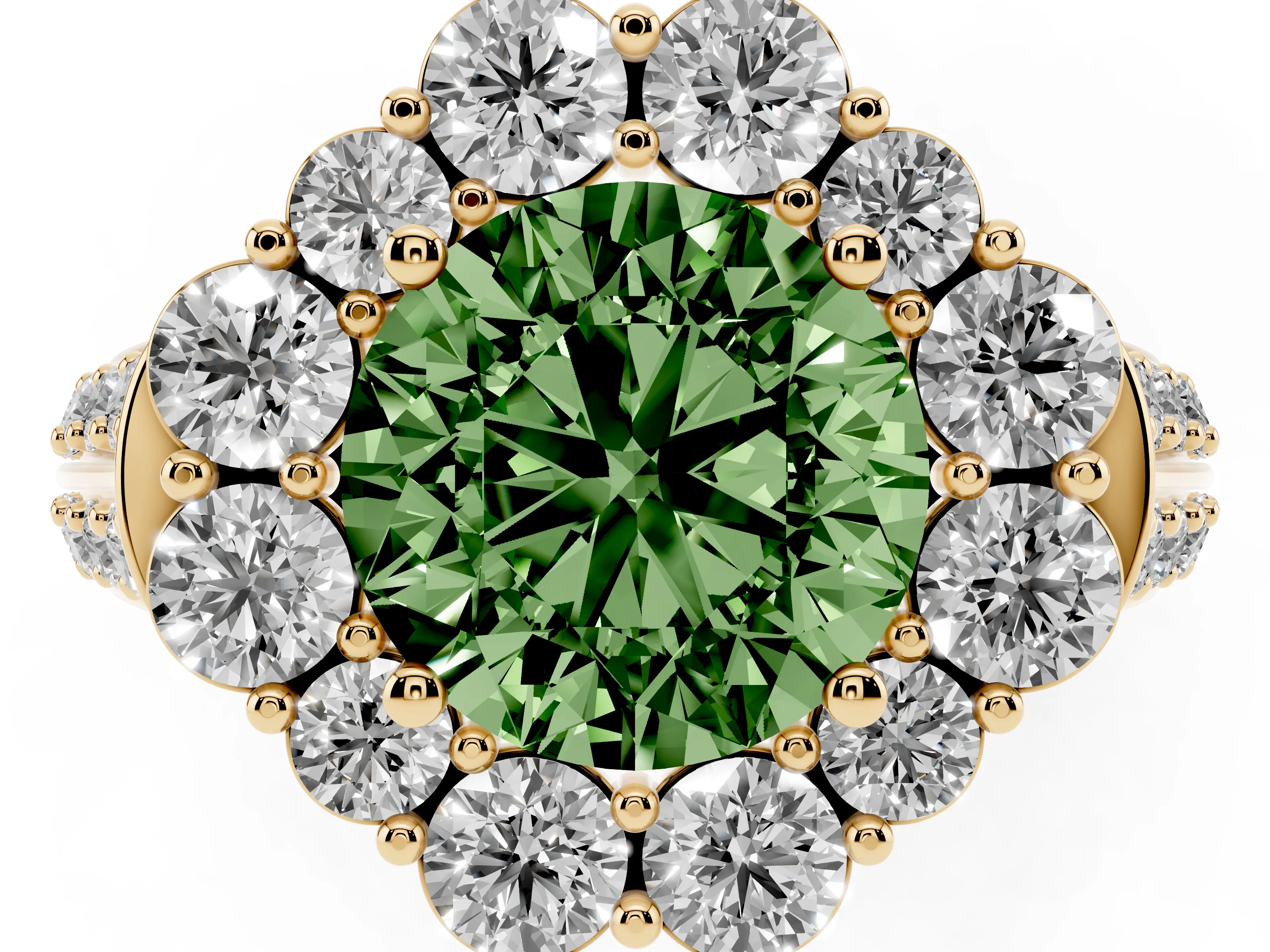 Fancy Green Round Cut Diamond Halo Engagement Ring Set in Yellow gold with Split Shank and Prong Setting