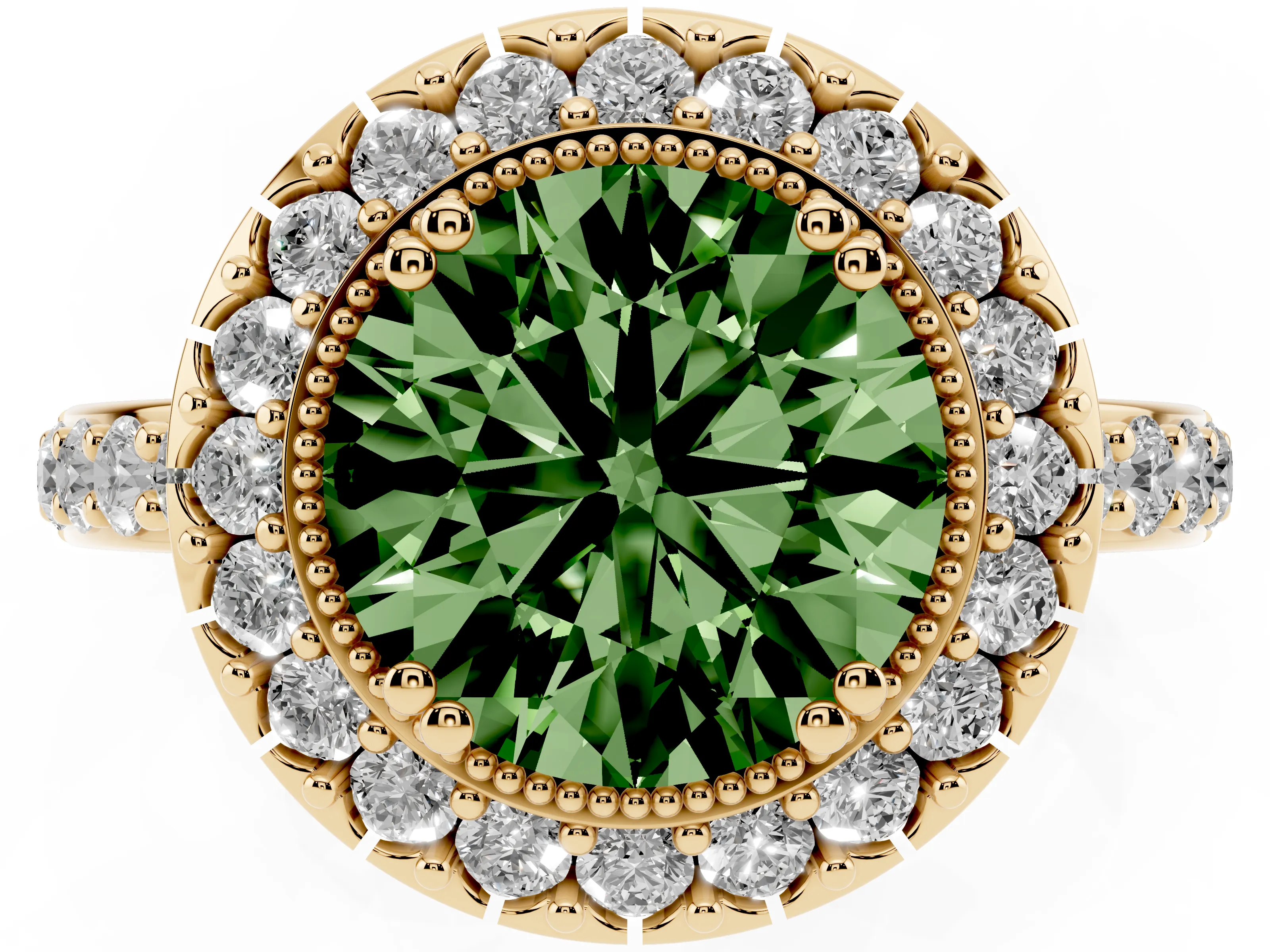 Fancy Green Round Cut Diamond Halo Ring Set in Yellow gold with Pavé Shank and Prong Setting