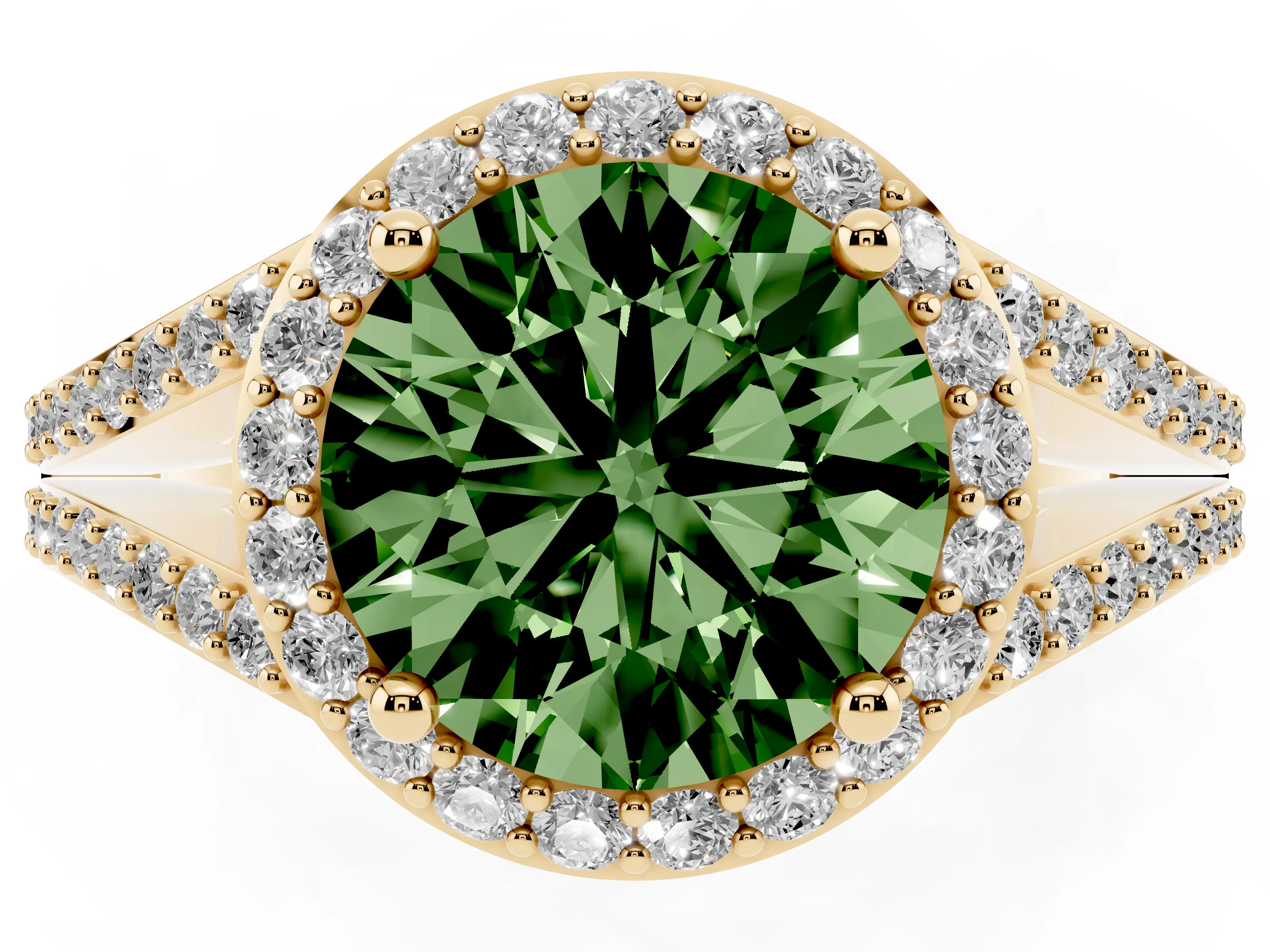 Fancy Green Round Cut Diamond Halo Split Shank Pavé Ring Set in Yellow gold with Prong Setting