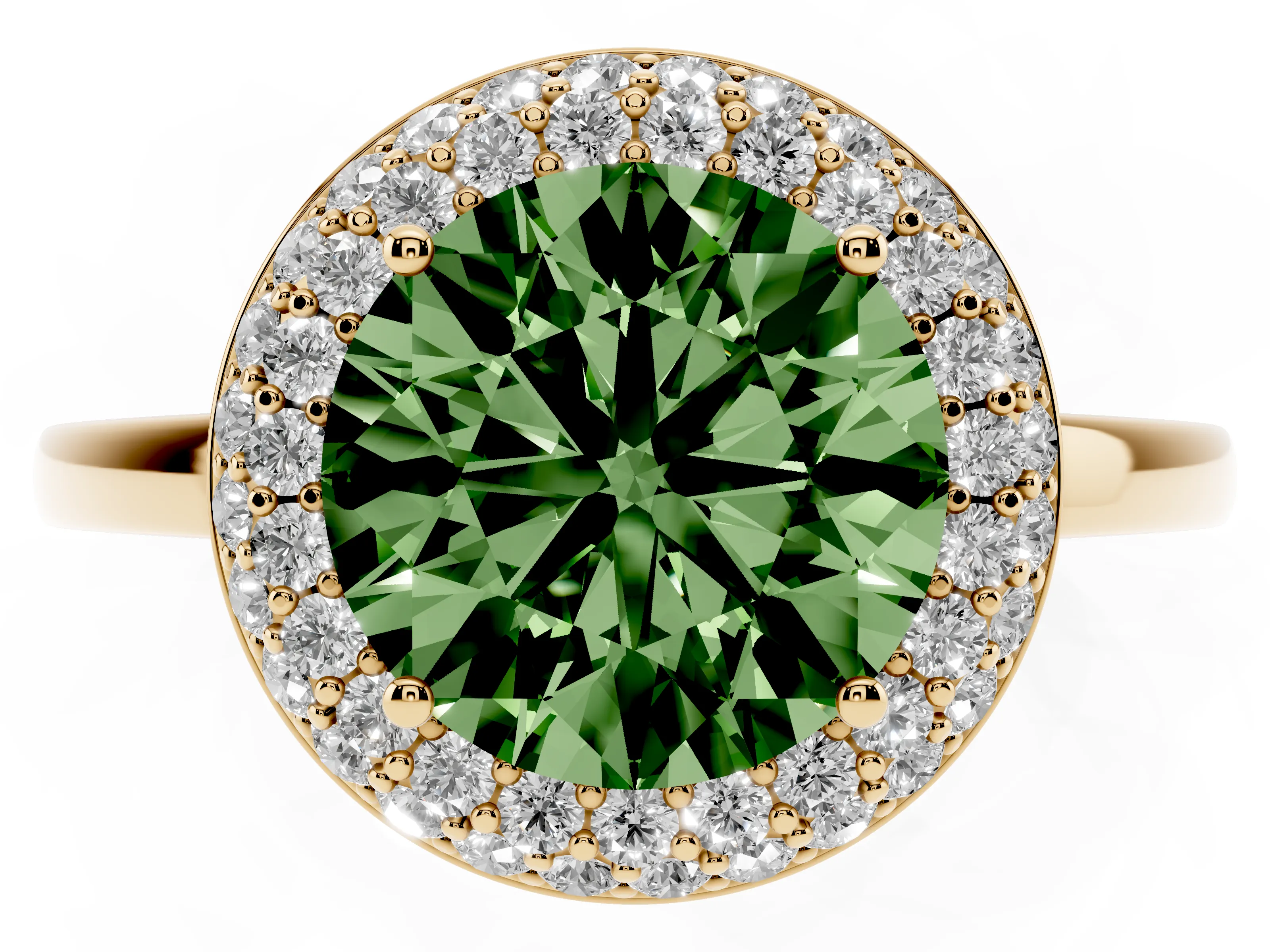 Fancy Green Round Cut Diamond Halo Engagement Ring Set in Yellow gold with Solitaire Band and Prong Setting