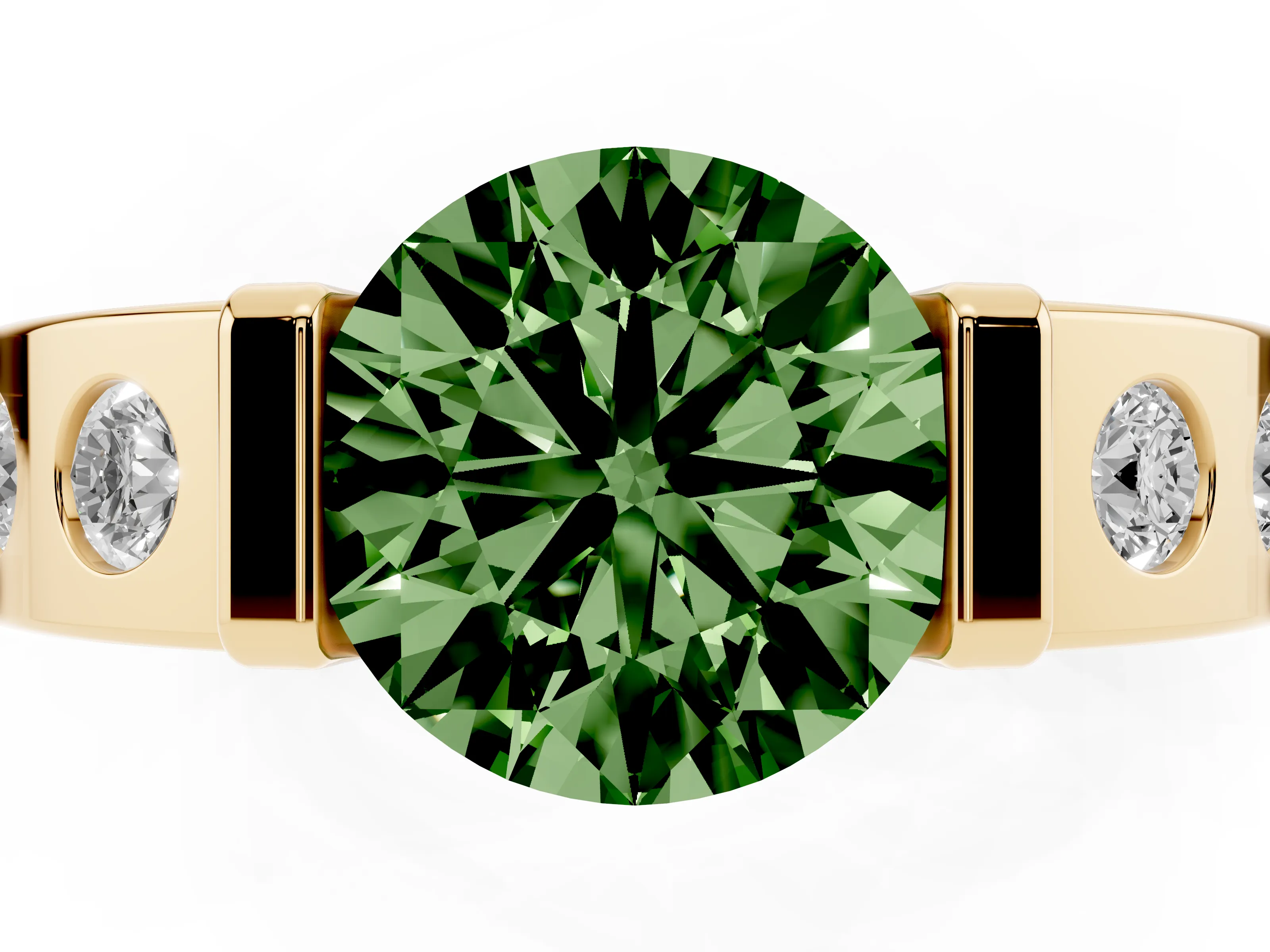 Fancy Green Round Cut Diamond Channel-Set Band Ring Set in Yellow gold with Bezel Prong Setting