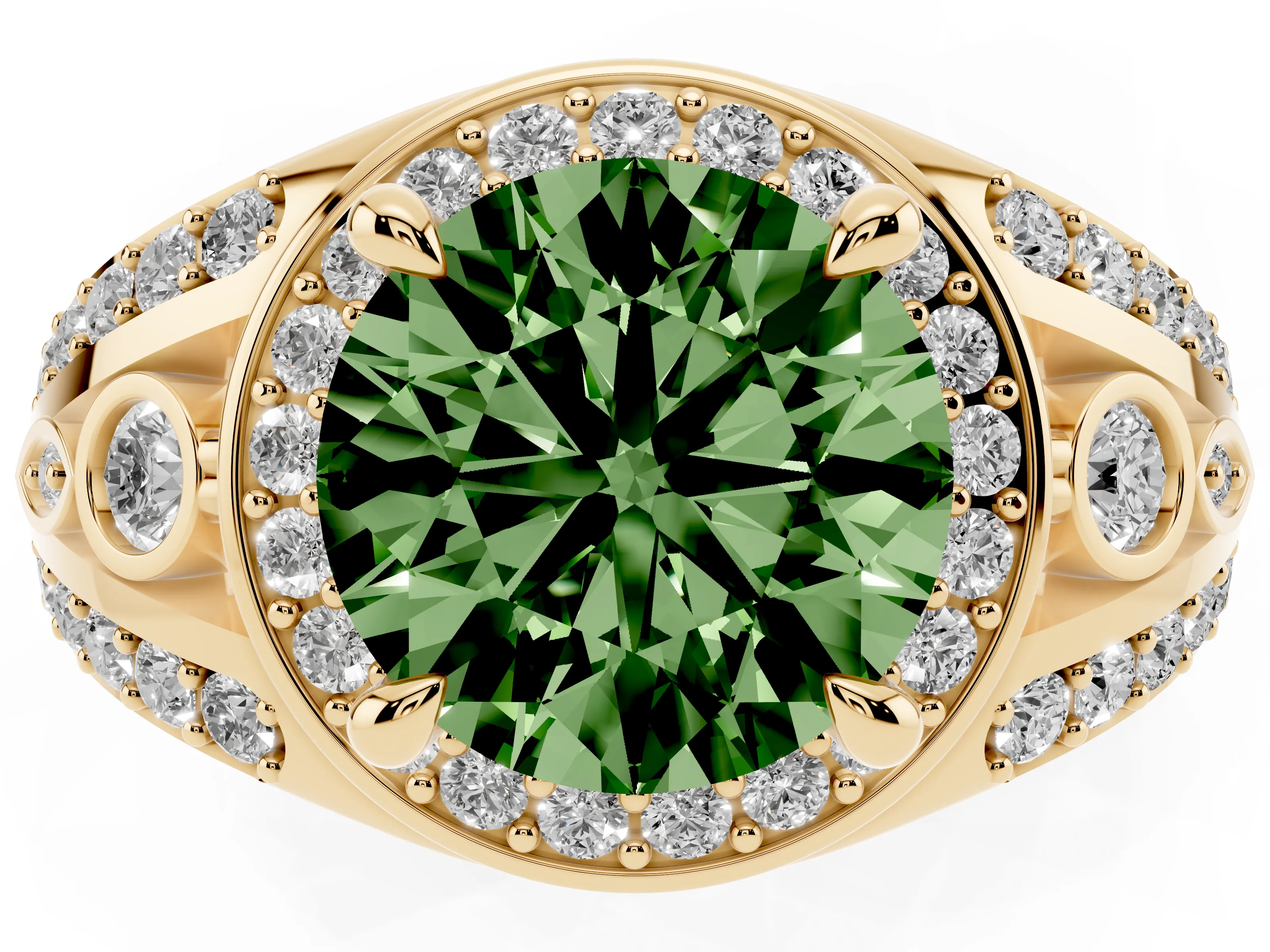 Fancy Green Round Cut Diamond Halo Ring Set in Yellow gold with Pavé Split Shank and Bezel Accents