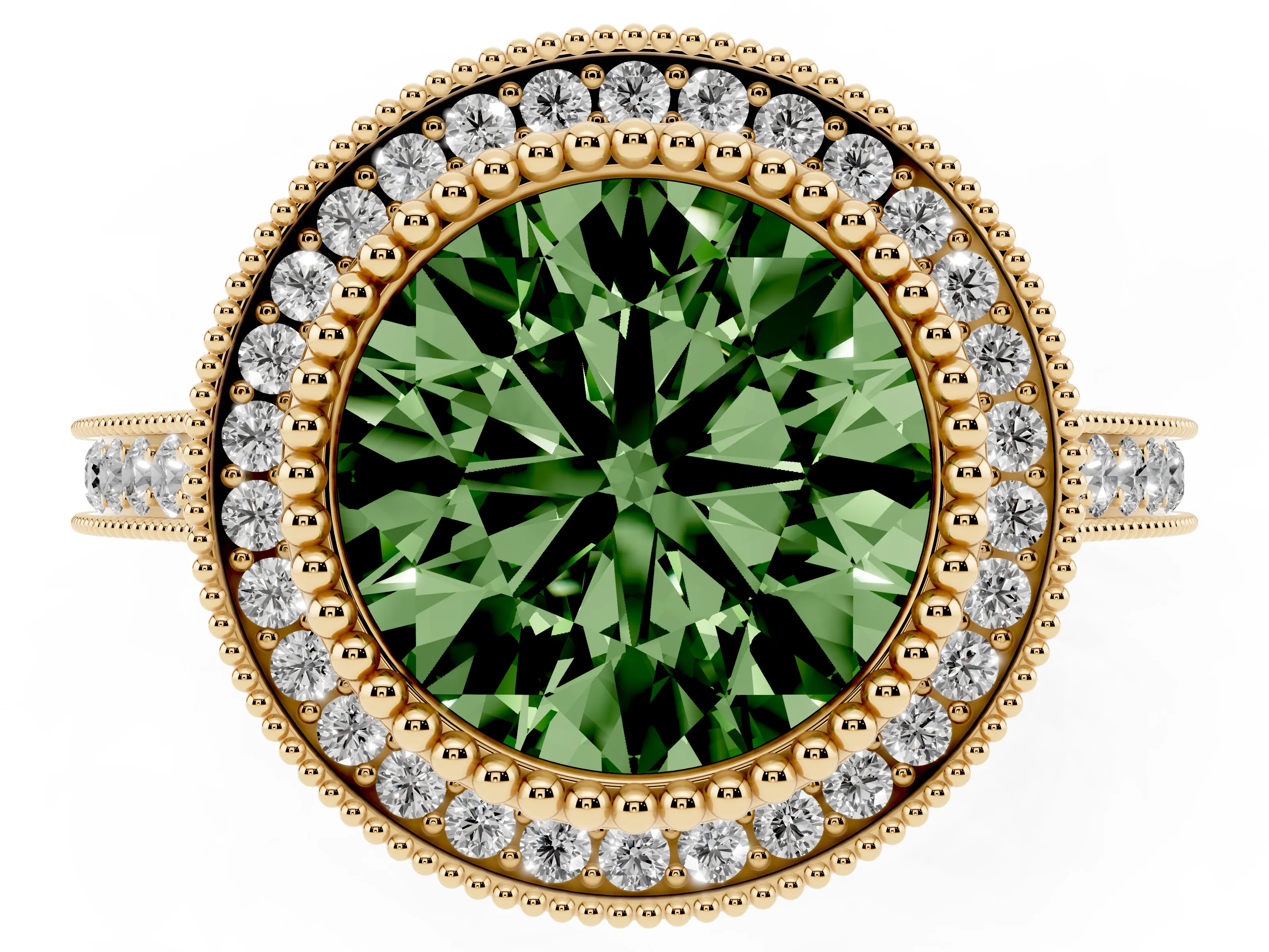 Fancy Green Round Cut Diamond Halo Ring Set in Yellow gold with Milgrain Frame and Pavé Band