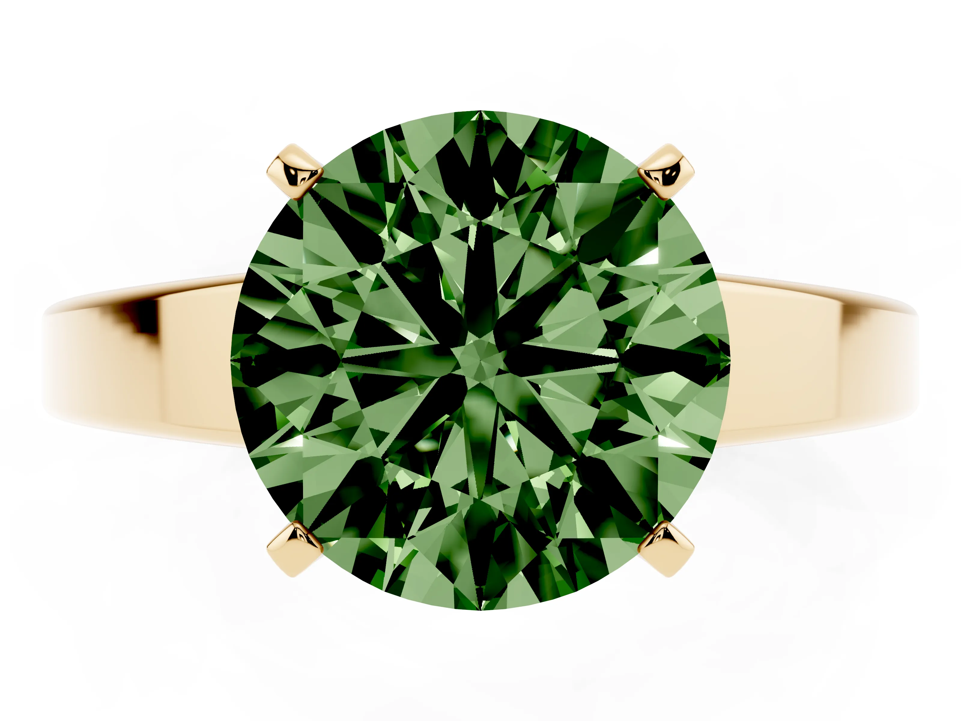 Fancy Green Round Cut Diamond Solitaire Engagement Ring Set in Yellow gold with Prong Setting and Tapered Band