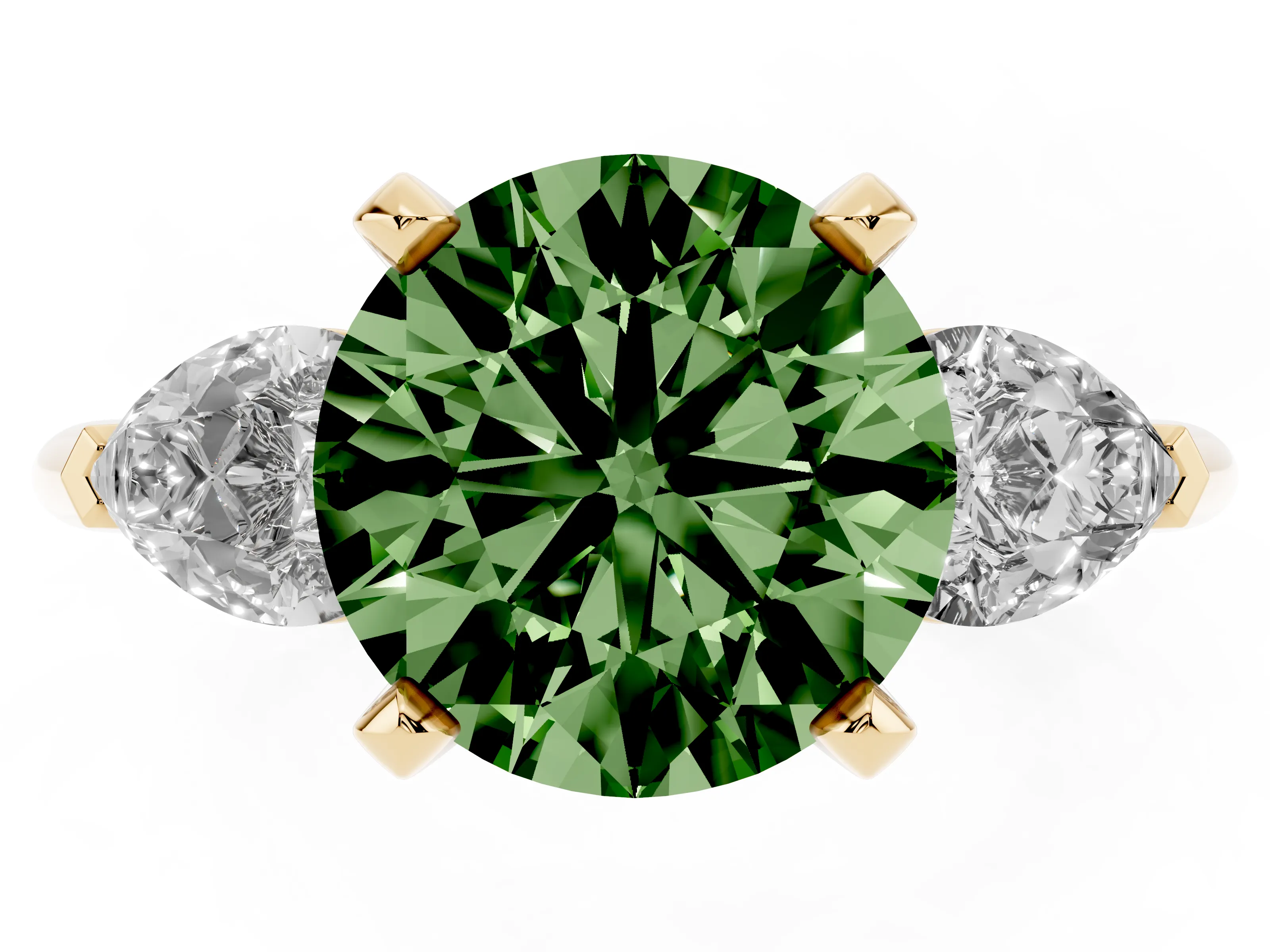 Fancy Green Three-Stone Round Cut Diamond Ring Set in Yellow gold with Pear Side Stones and Prong Setting