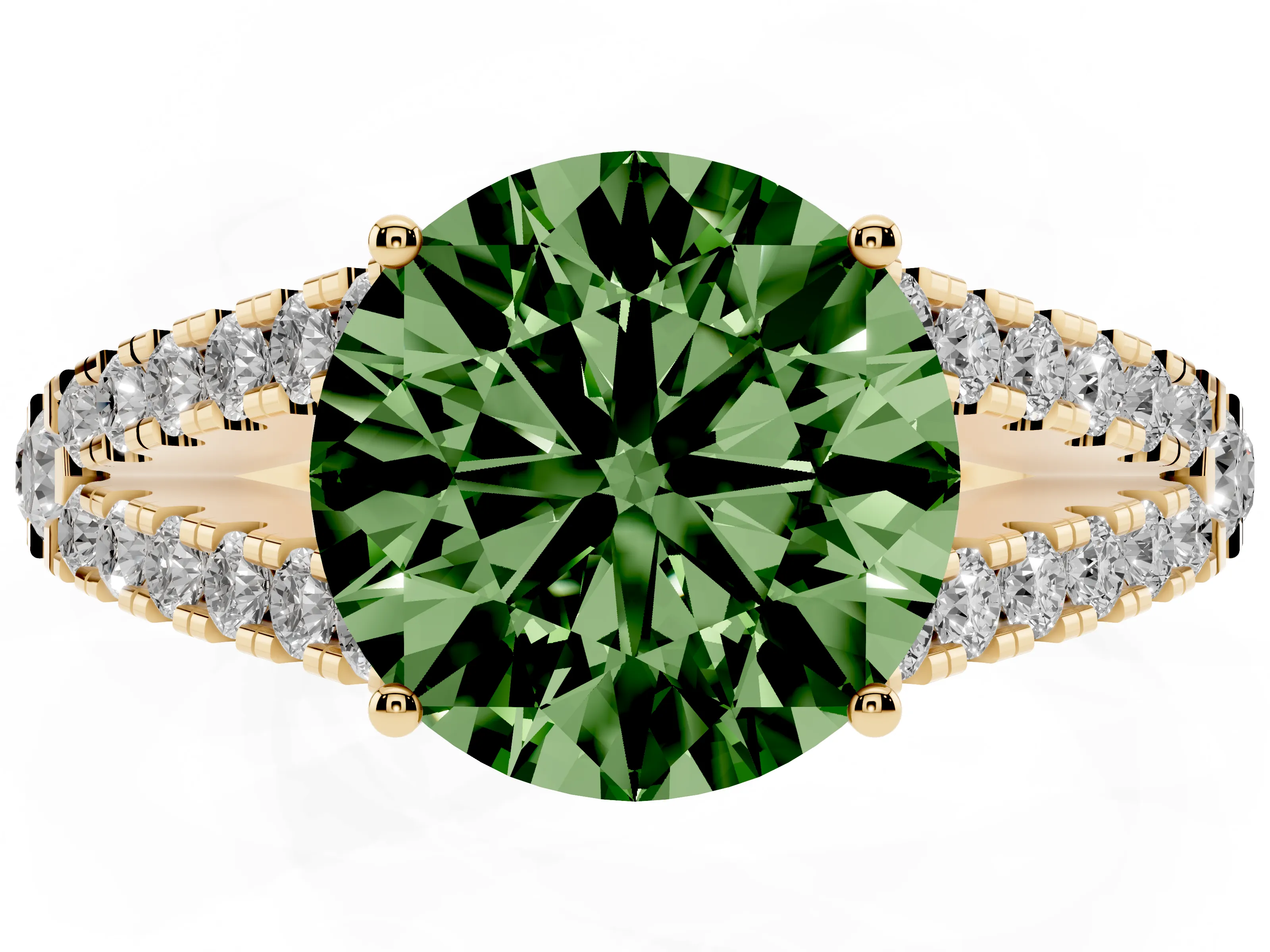 Fancy Green Round Cut Diamond Split Shank Pavé Engagement Ring Set in Yellow gold with Prong-Held Center Stone