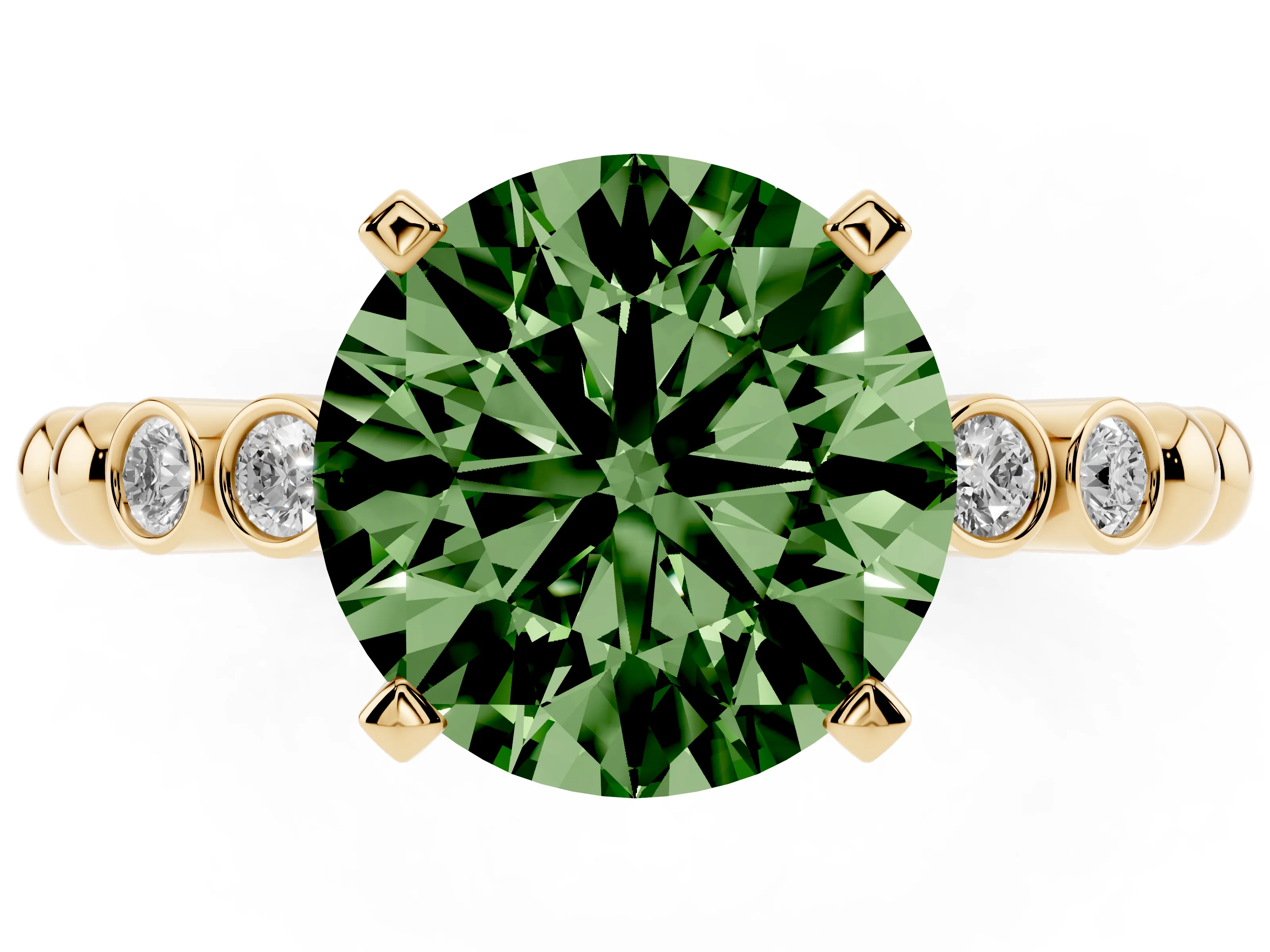 Fancy Green Round Cut Diamond Solitaire Engagement Ring Set in Yellow gold with Bezel Accents on Beaded Band