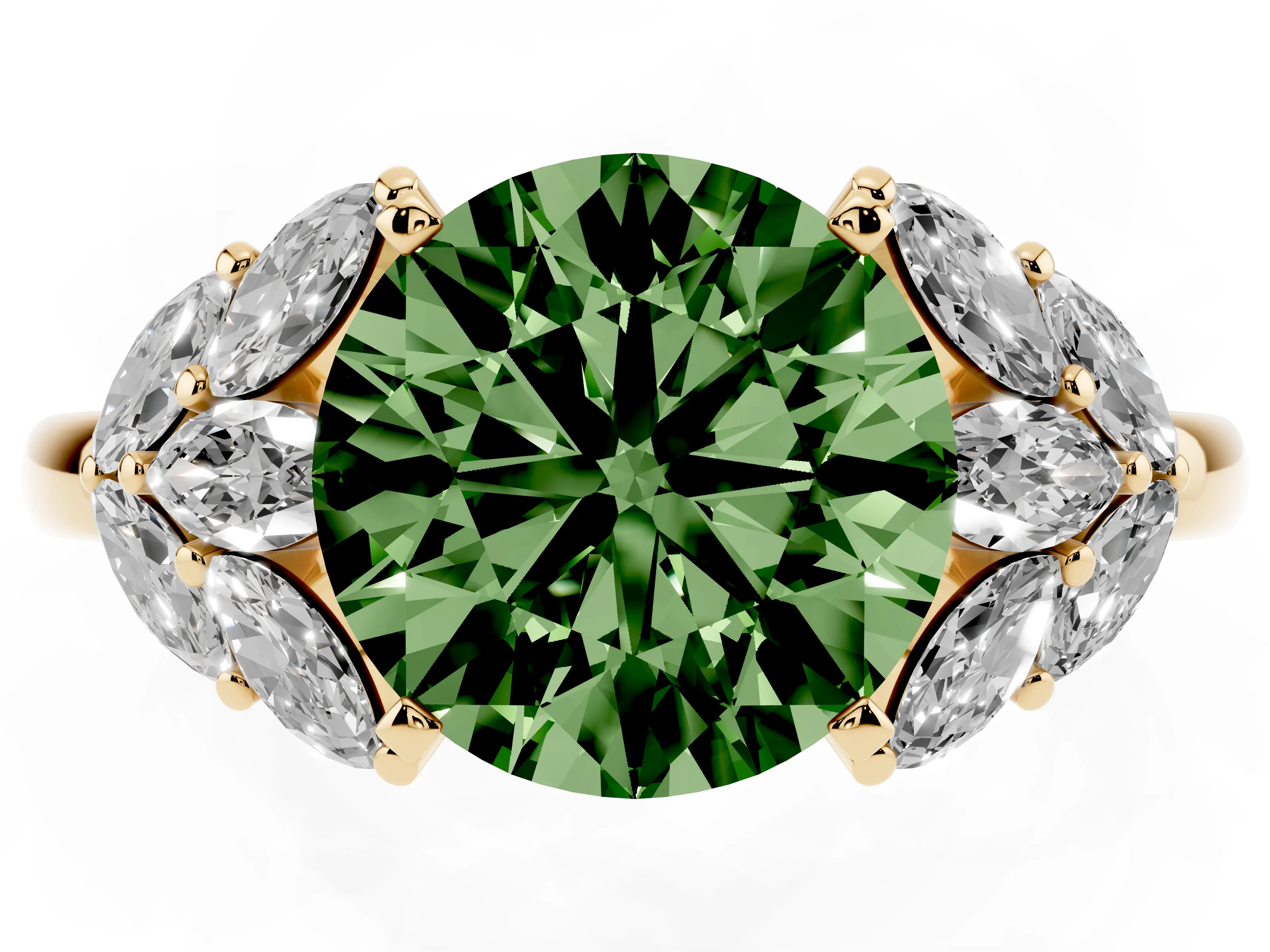 Fancy Green Round Cut Diamond Cluster Leaf Design Ring Set in Yellow gold with Prong Setting