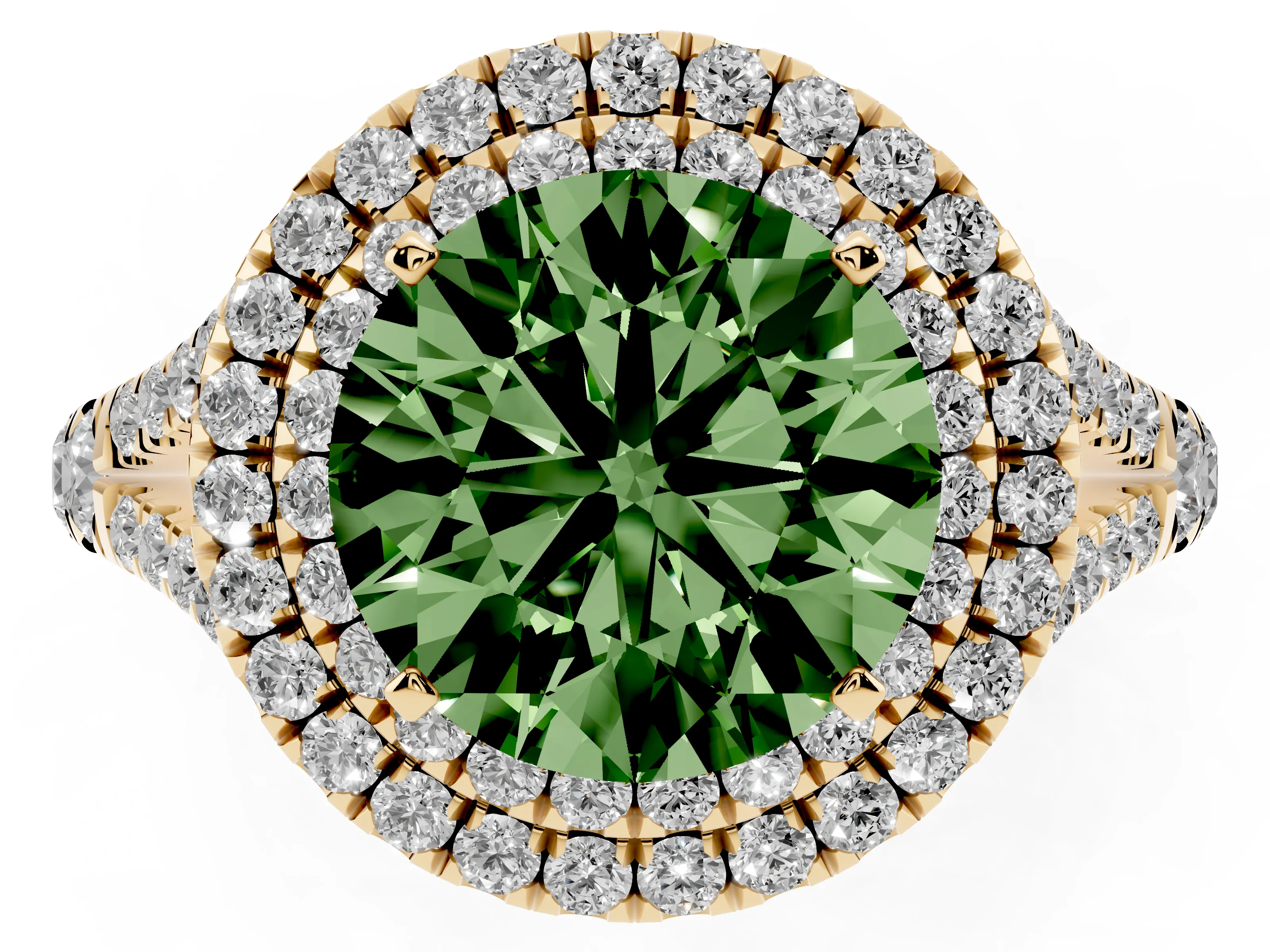 Fancy Green Round Cut Diamond Pavé Split Shank Double Halo Engagement Ring Set in Yellow gold