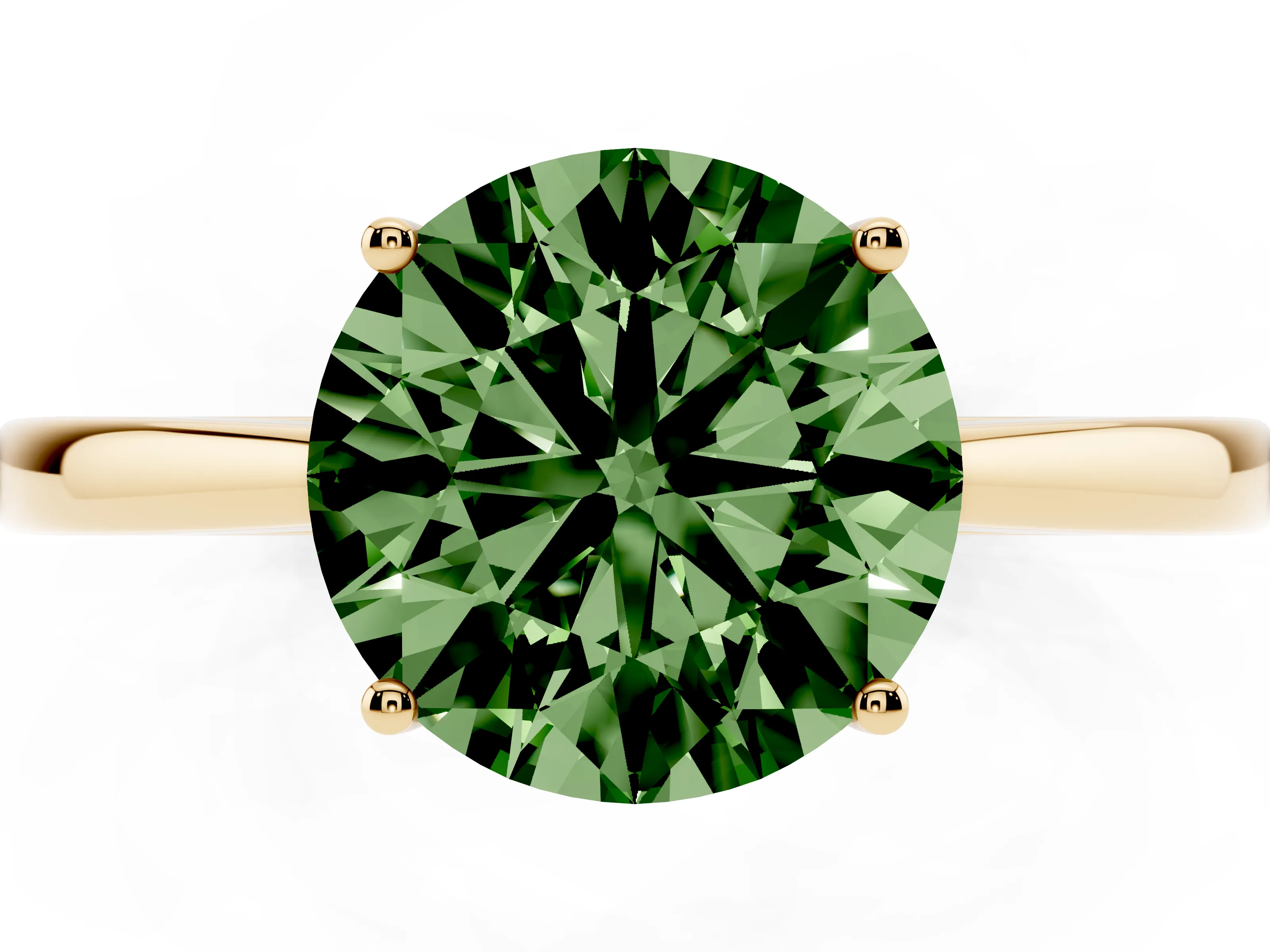 Fancy Green Round Cut Diamond Solitaire Ring Set in Yellow gold with Split Shank and Prong Setting