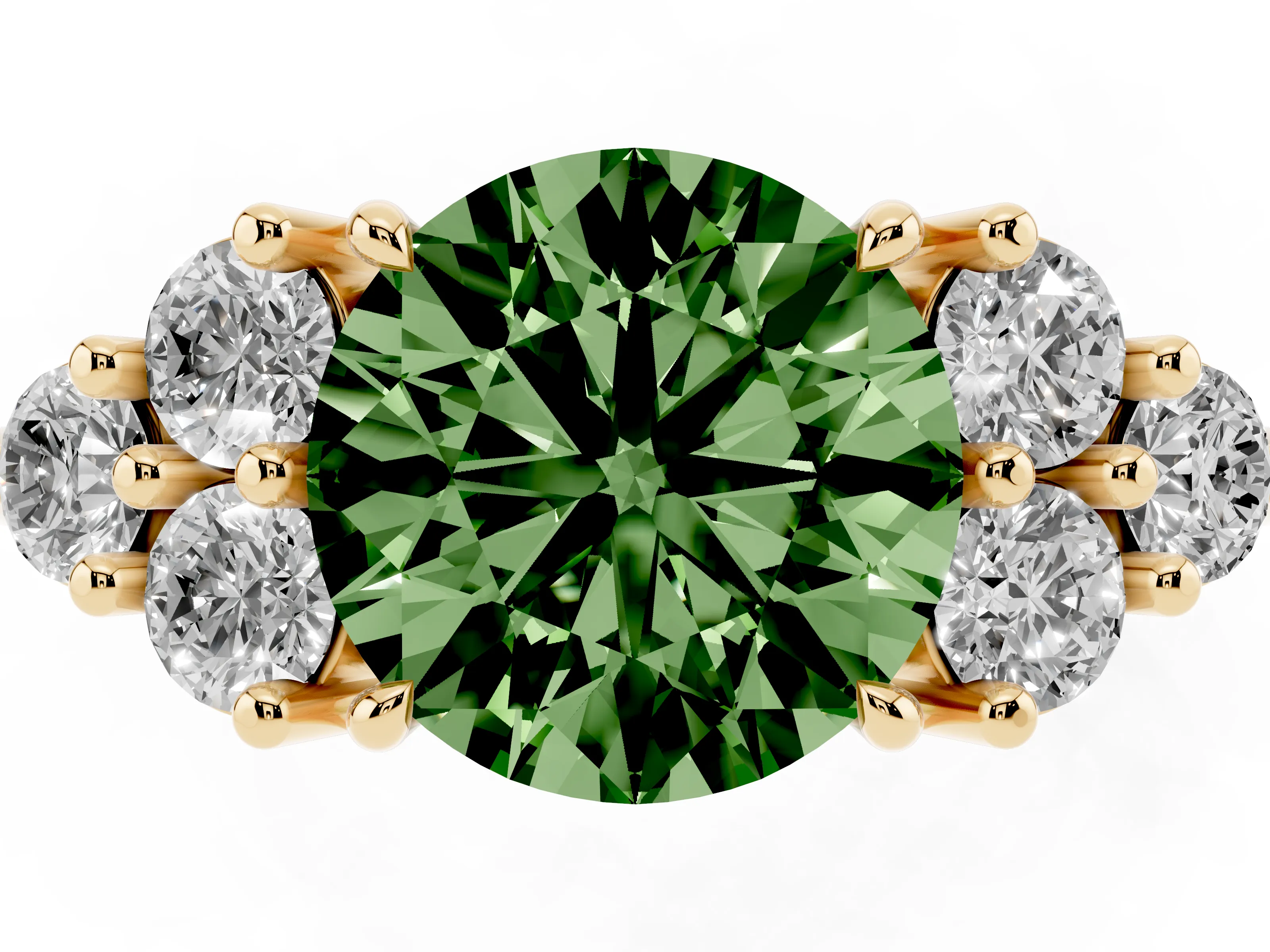 Fancy Green Round Cut Diamond Solitaire Ring Set in Yellow gold with Cluster Accents on Each Side