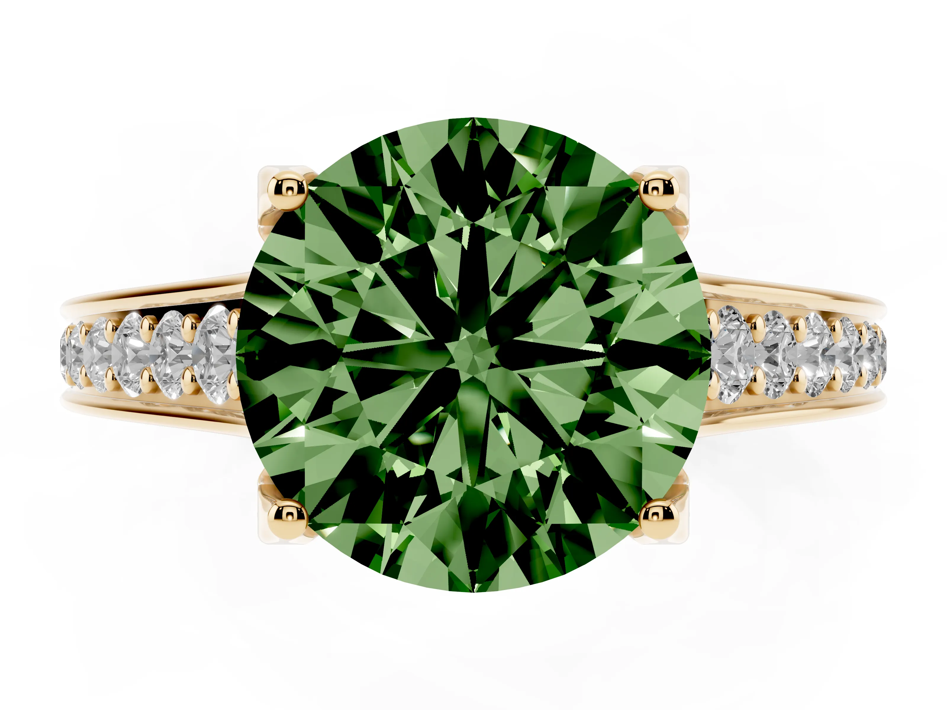 Fancy Green Round Cut Diamond Solitaire Pavé Engagement Ring Set in Yellow gold with Prong Setting